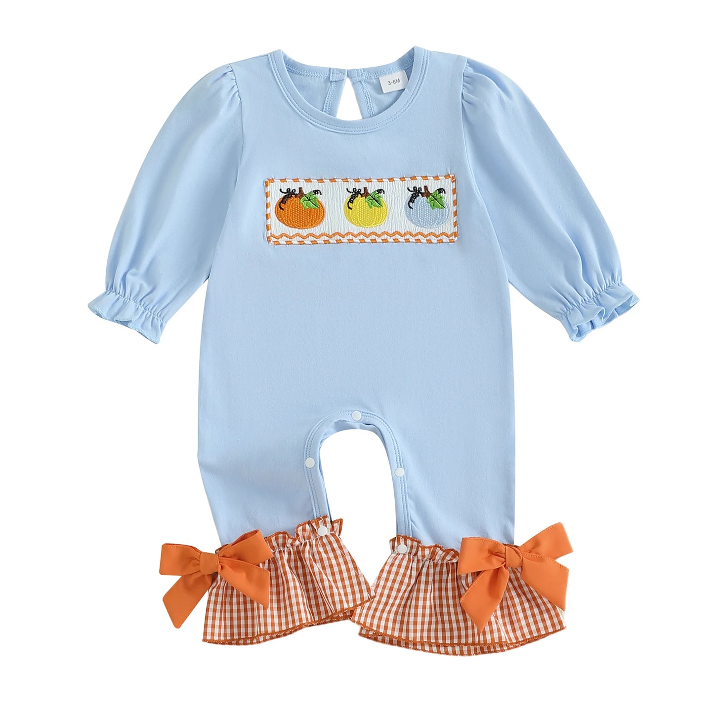 Infant Girls Halloween Romper with Spooky Ghost and Pumpkin Embroidery Long Sleeve Plaid Jumpsuit with Flare Cuffs