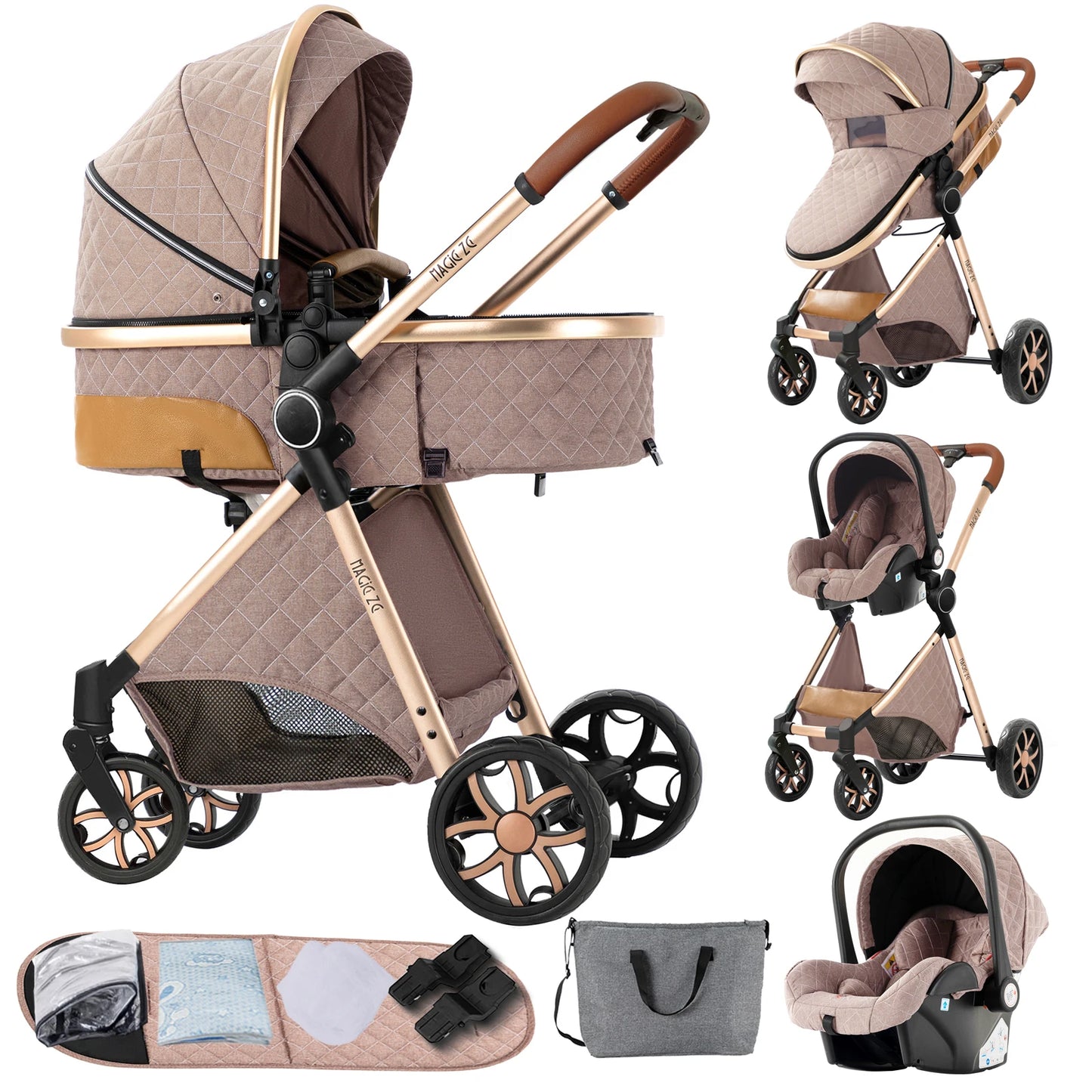 3‑in‑1 Baby Stroller Travel System Pushchair Lightweight Pram from Birth All‑Terrain Baby Compact Fold Stroller with 4 wheels