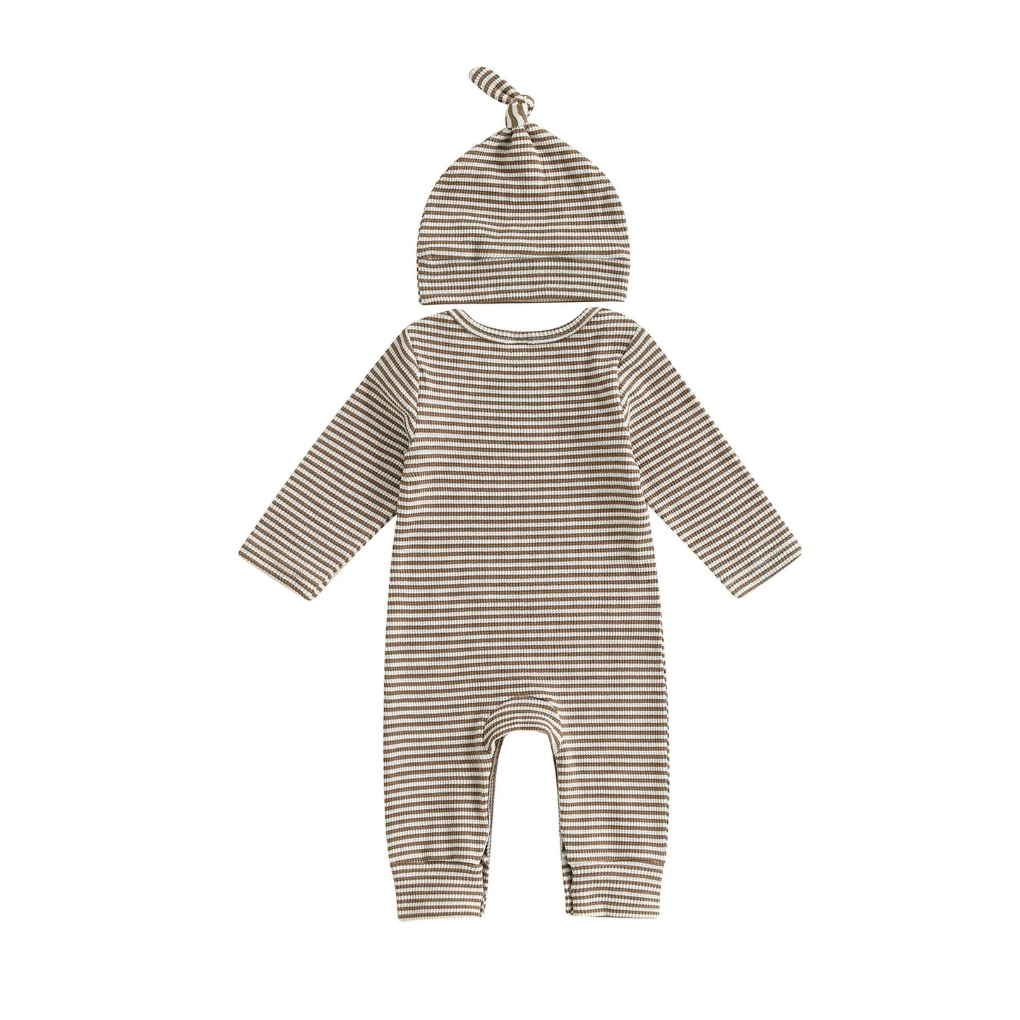 Baby Boys Autumn Striped Jumpsuit Long Sleeve Crewneck Letter Embroidery Romper with Hat