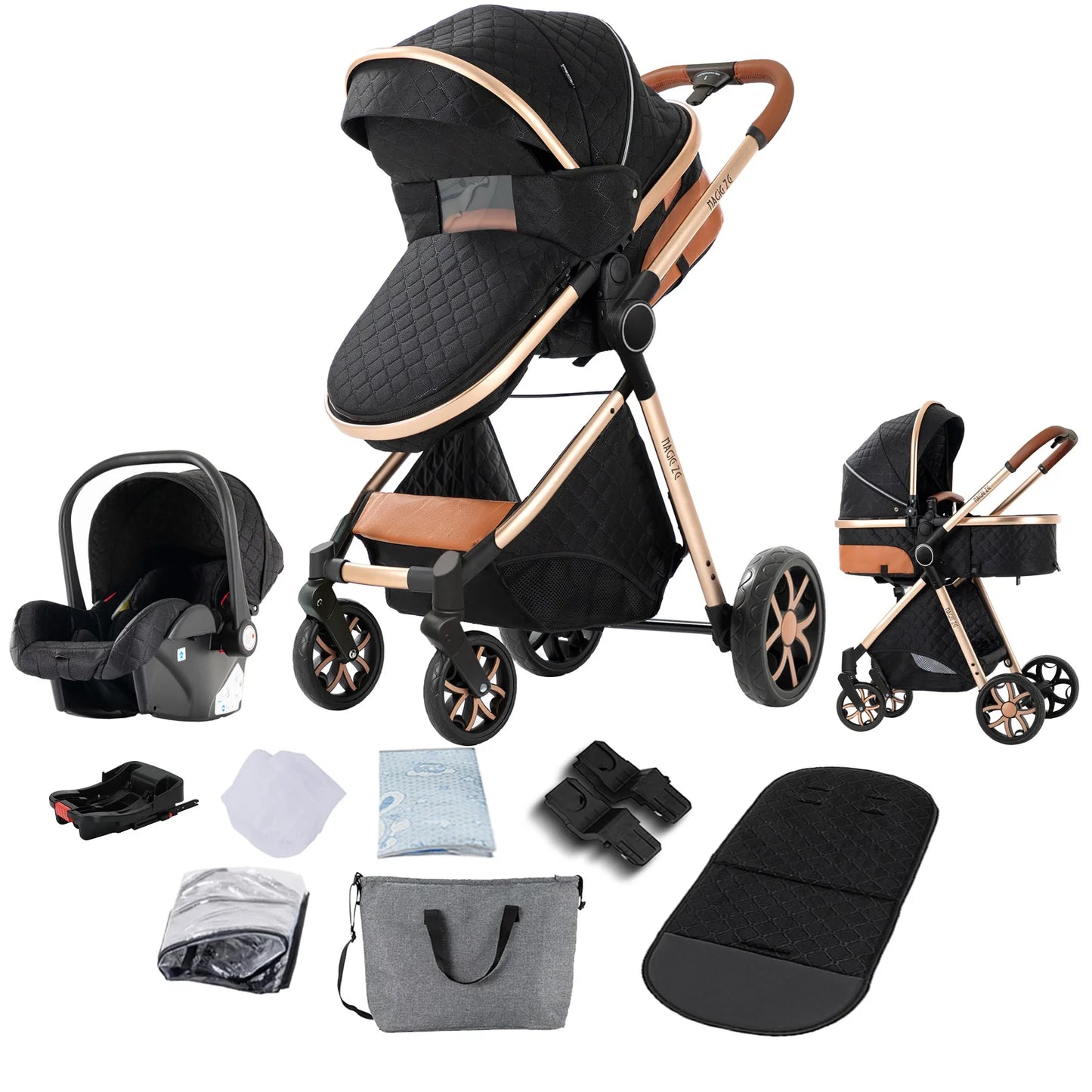 3‑in‑1 Baby Stroller Travel System Pushchair Lightweight Pram from Birth All‑Terrain Baby Compact Fold Stroller with 4 wheels