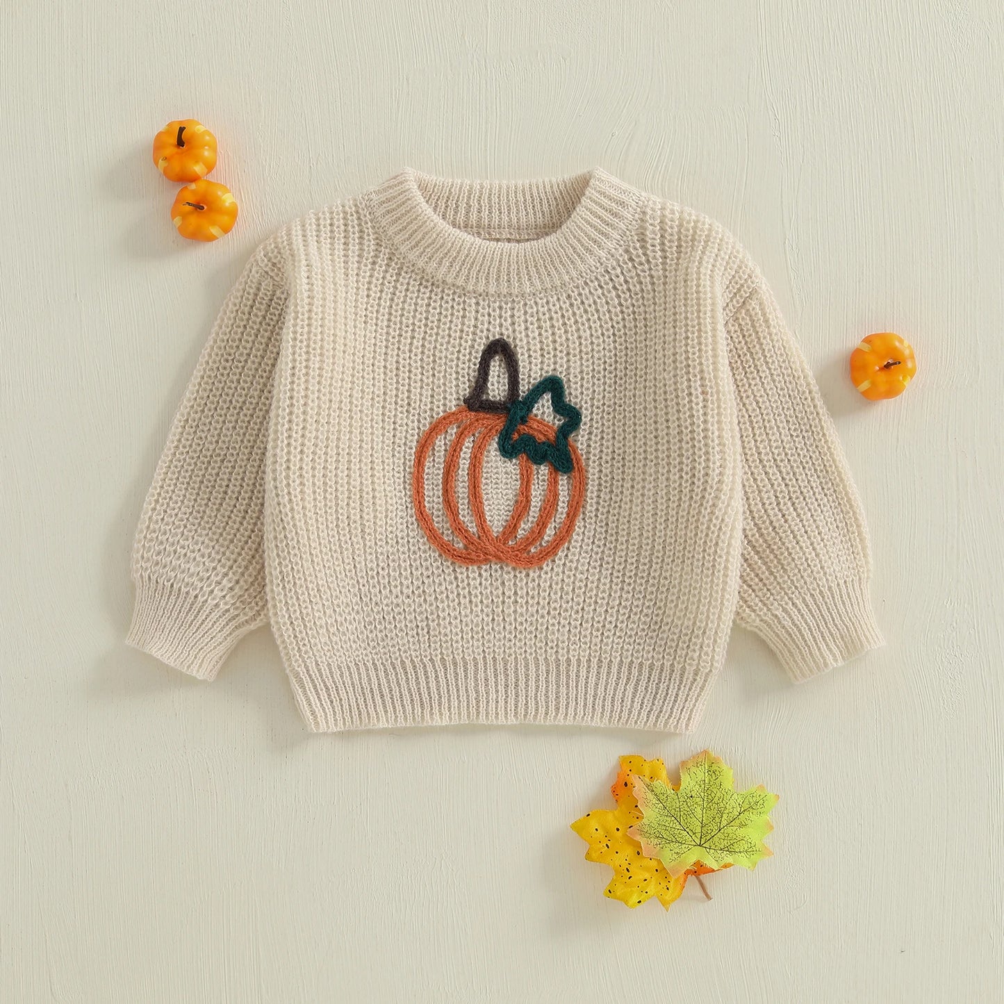 Infant Pumpkin Patch Knit Pullover Sweater with Embroidered Ghosts and Bats for Spooky Season Fun and Warmth