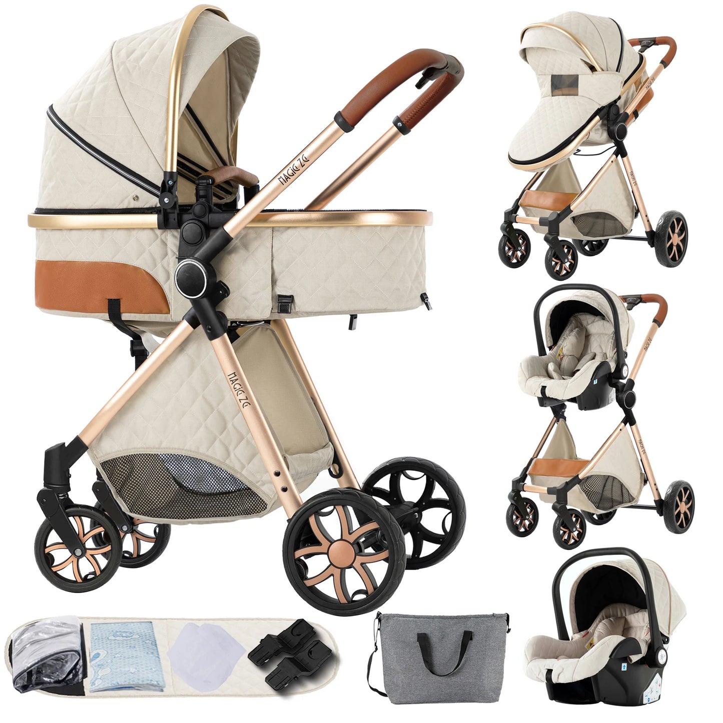 3‑in‑1 Baby Stroller Travel System Pushchair Lightweight Pram from Birth All‑Terrain Baby Compact Fold Stroller with 4 wheels