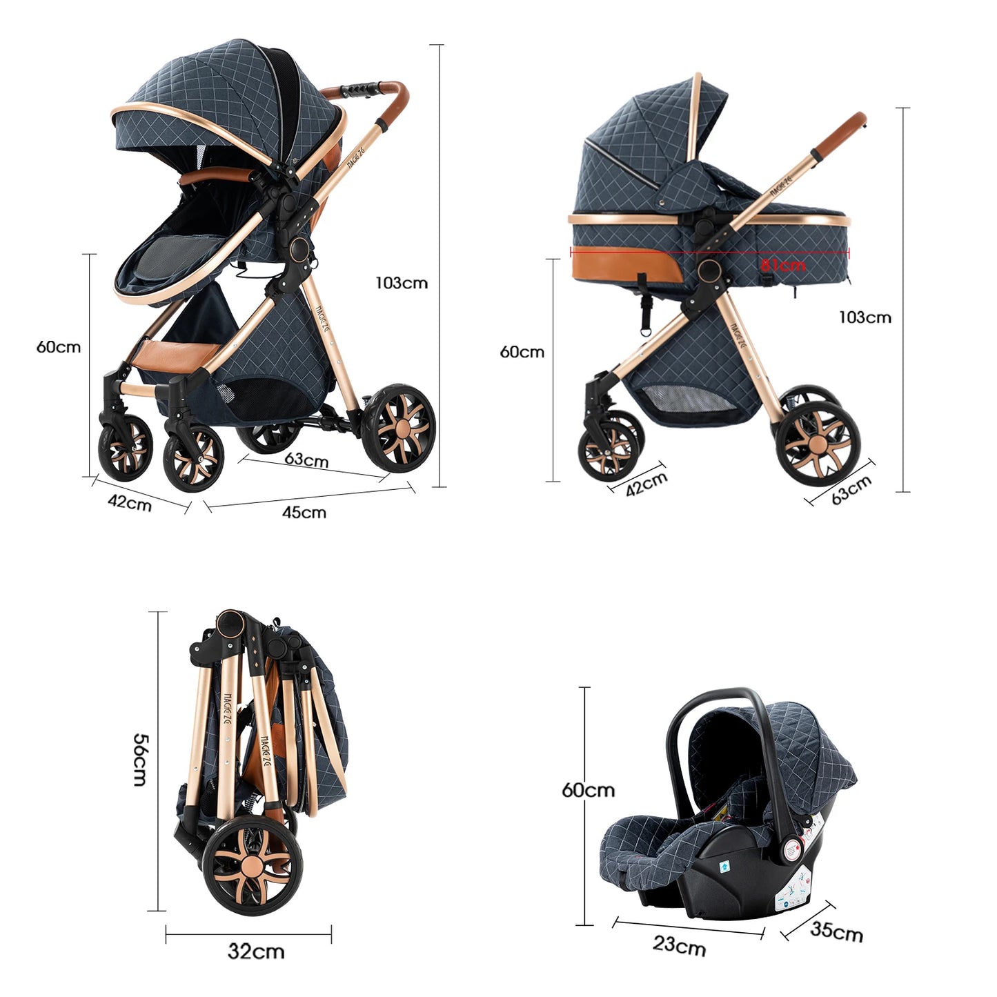 3‑in‑1 Baby Stroller Travel System Pushchair Lightweight Pram from Birth All‑Terrain Baby Compact Fold Stroller with 4 wheels