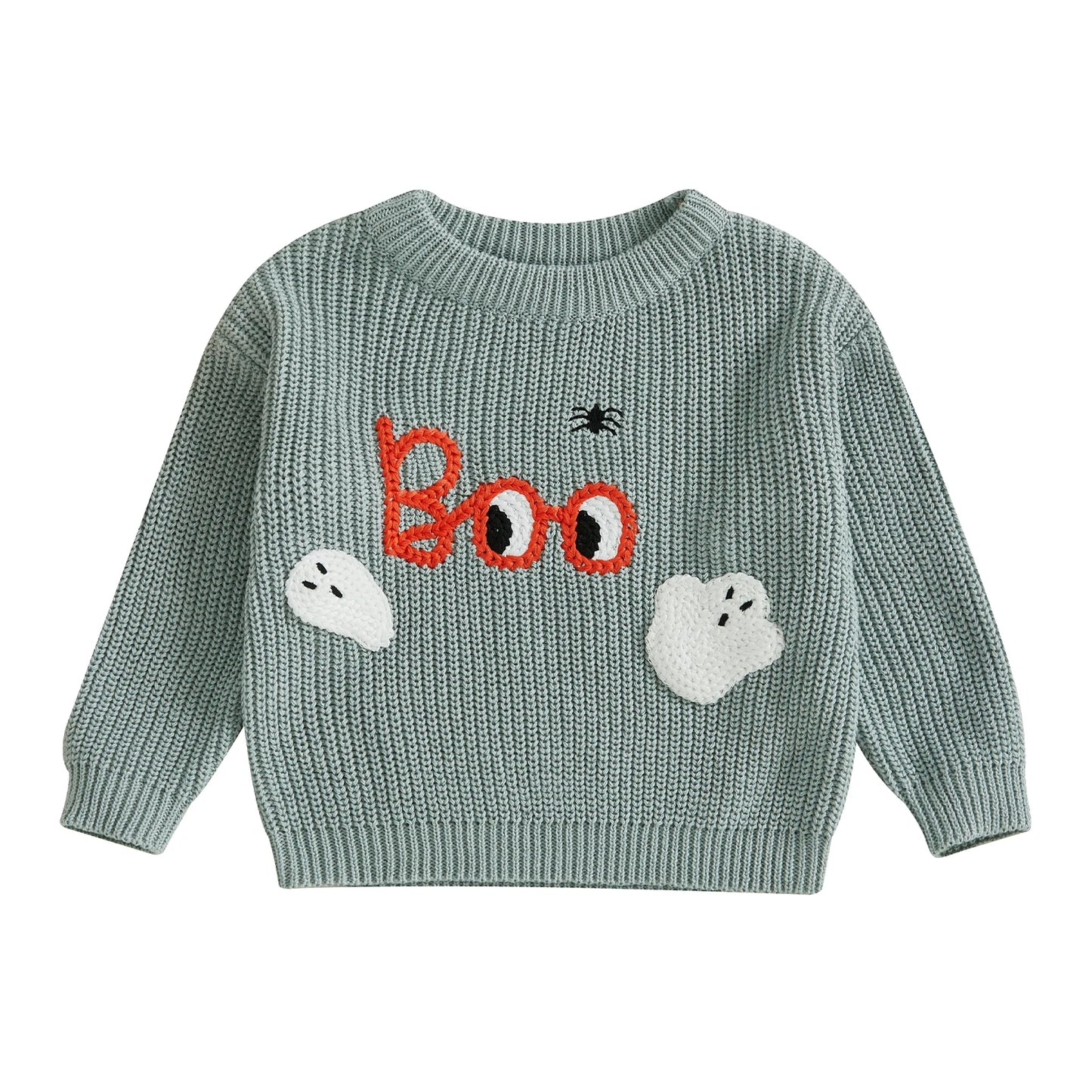 Baby Halloween Sweater Letter Ghost Embroidery Ribbed Crew Neck Long Sleeve Knitted Tops for Fall