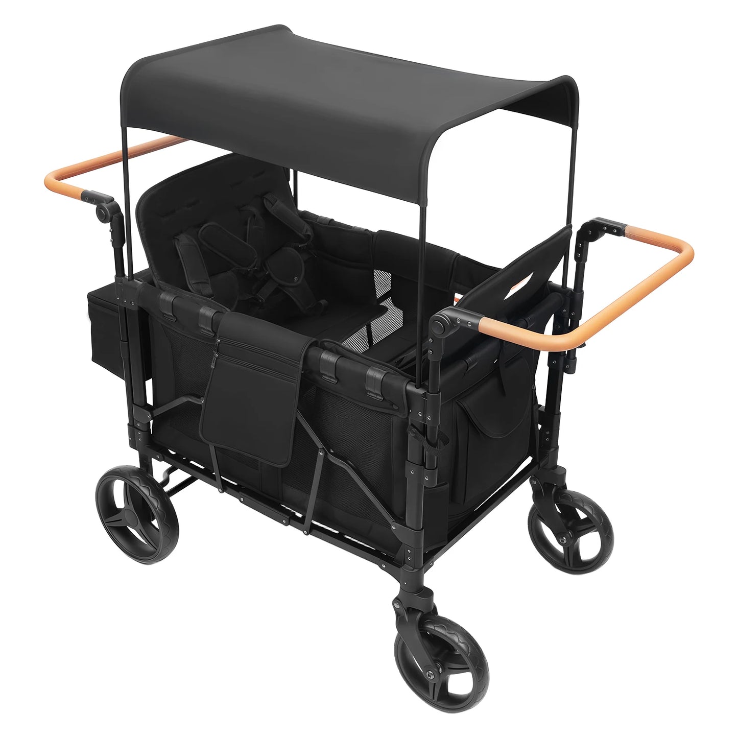 4 Seat Baby Wagon Stroller with Lockable Wheels, Extra Long Foldable Pushchair with Adjustable Handle for Beach/Park