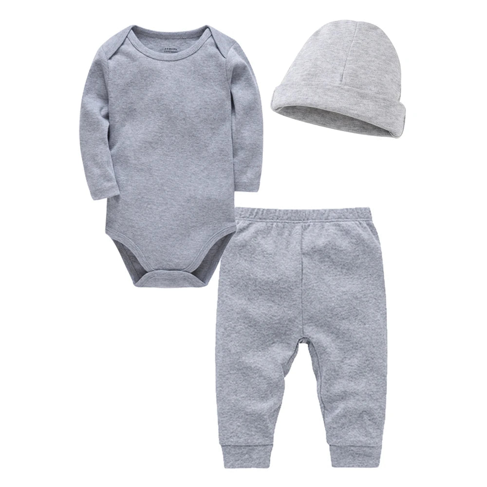 3 Pieces Set 100% Cotton Baby Rompers Pants Hat Blank Colors Kids Trousers Plain Newborn Clothing Muslin Bodysuit Clothes