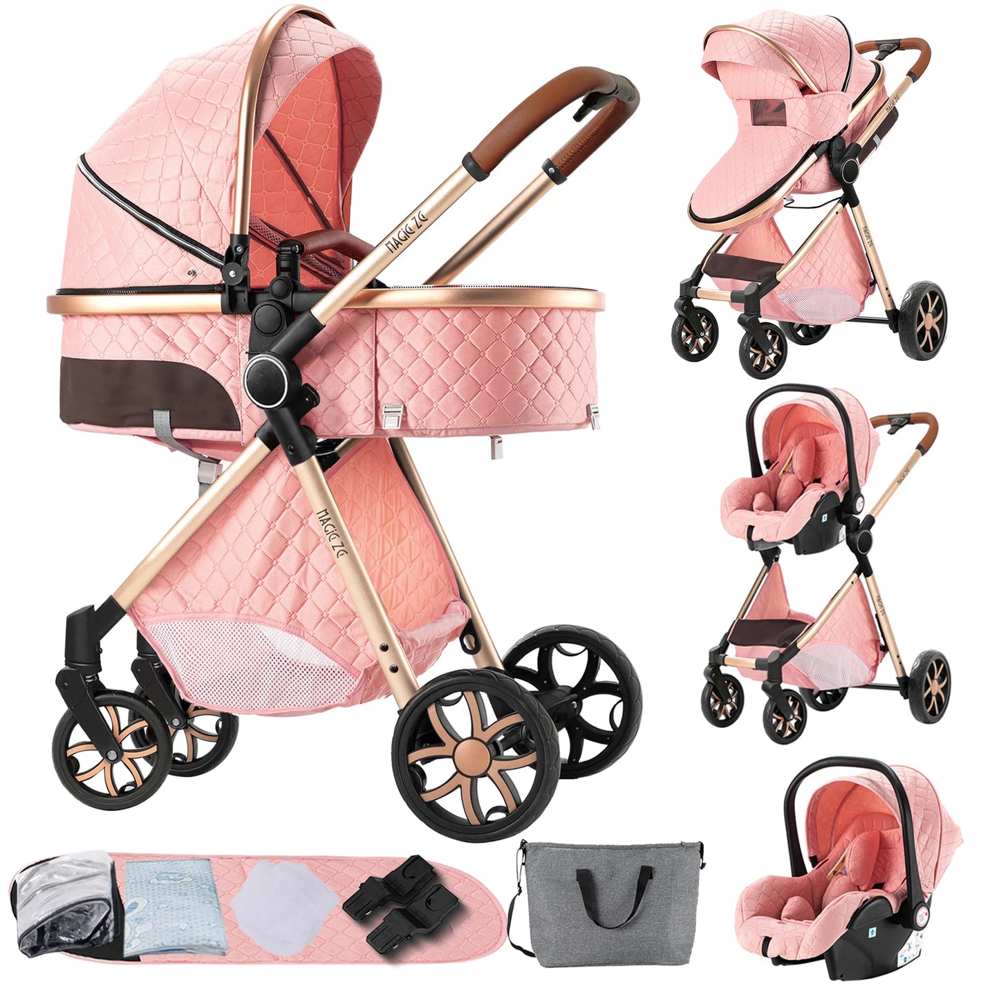 3‑in‑1 Baby Stroller Travel System Pushchair Lightweight Pram from Birth All‑Terrain Baby Compact Fold Stroller with 4 wheels