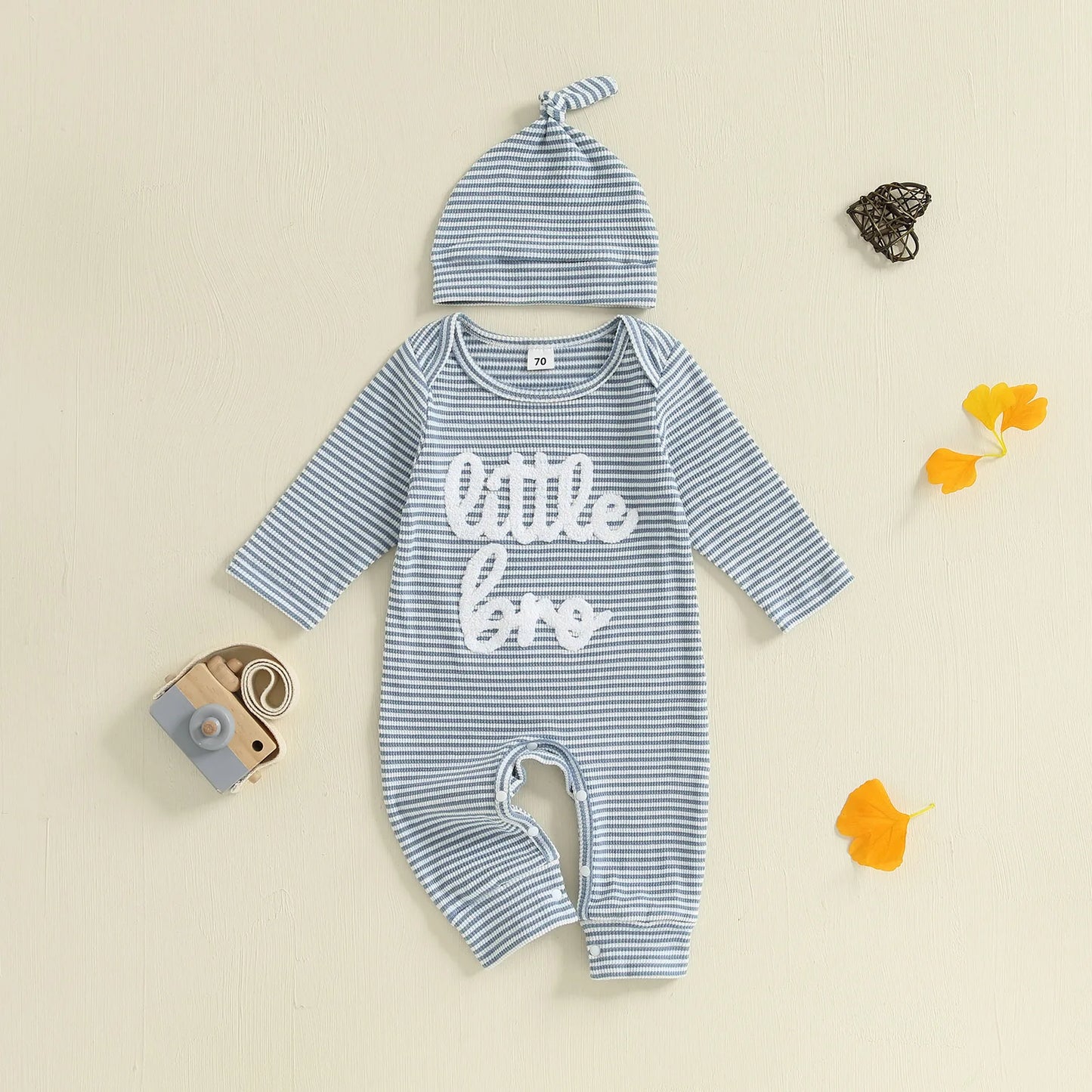 Baby Boys Autumn Striped Jumpsuit Long Sleeve Crewneck Letter Embroidery Romper with Hat