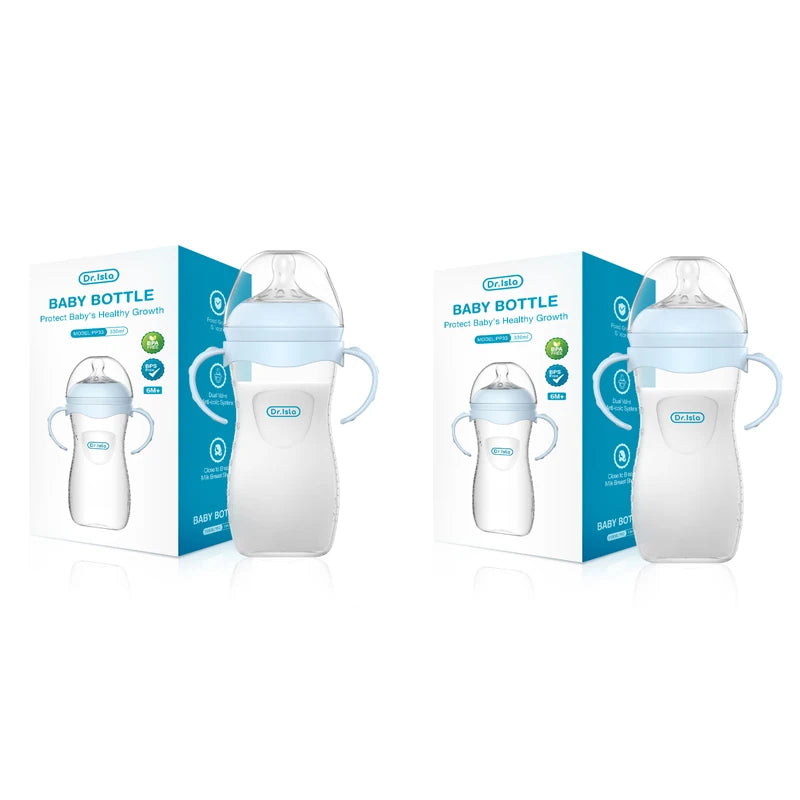 MAMIJOY 2PCS 150/240/330ML Baby Bottle With Handle Anti-bloating＆Anti-drop Clear Scale Newborn Bottle Feeding Bottles PP15/24/33