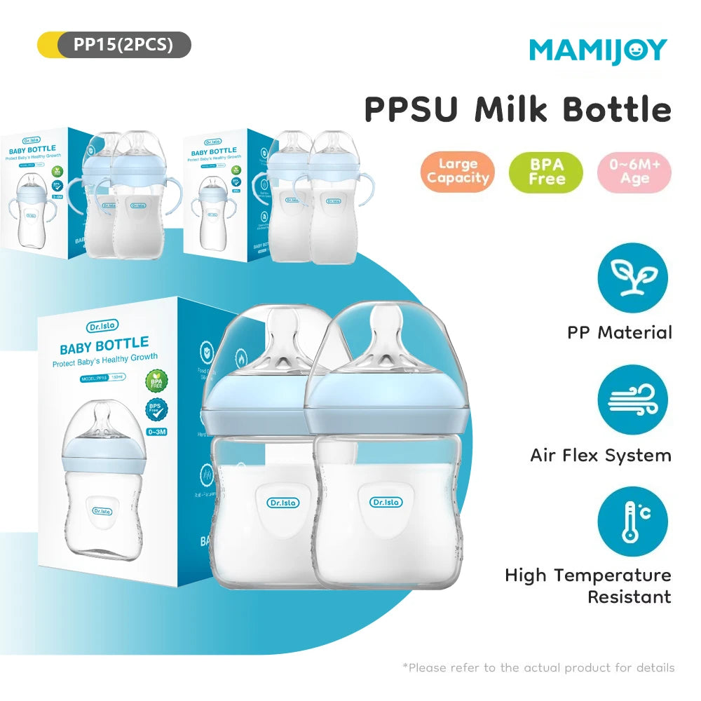 MAMIJOY 2PCS 150/240/330ML Baby Bottle With Handle Anti-bloating＆Anti-drop Clear Scale Newborn Bottle Feeding Bottles PP15/24/33