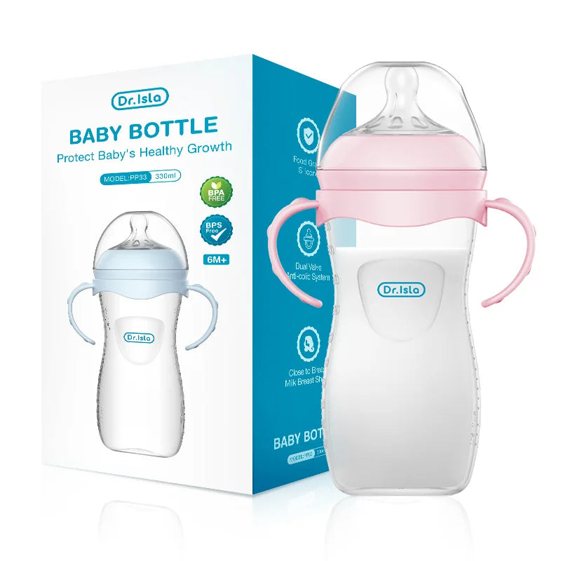 MAMIJOY 2PCS 150/240/330ML Baby Bottle With Handle Anti-bloating＆Anti-drop Clear Scale Newborn Bottle Feeding Bottles PP15/24/33