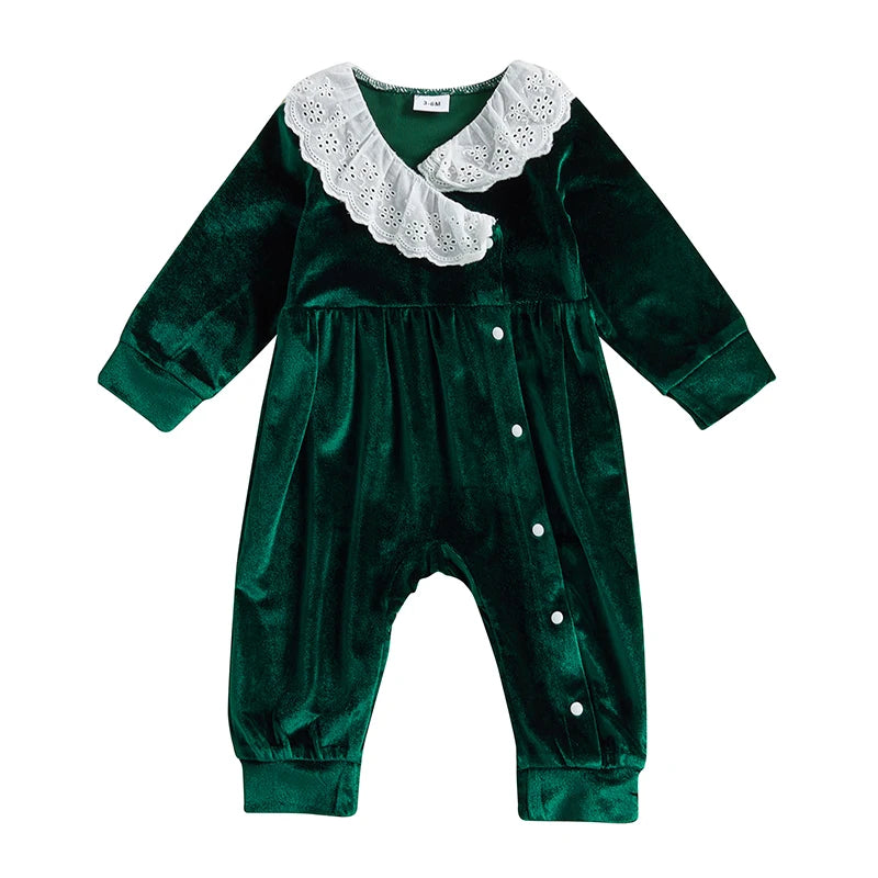 Cute Toddler Unisex Velvet Jumpsuit with Lace Detail and Doll Collar Warm Winter Romper for Baby Boy or Girl