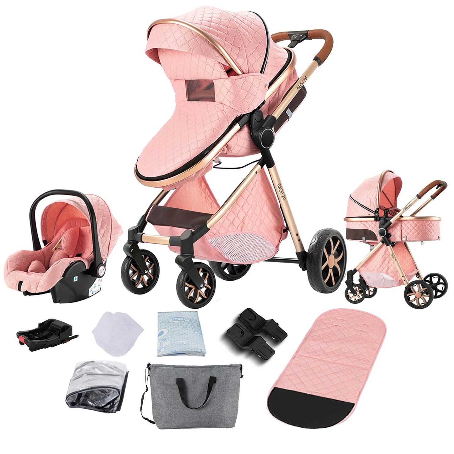 3‑in‑1 Baby Stroller Travel System Pushchair Lightweight Pram from Birth All‑Terrain Baby Compact Fold Stroller with 4 wheels