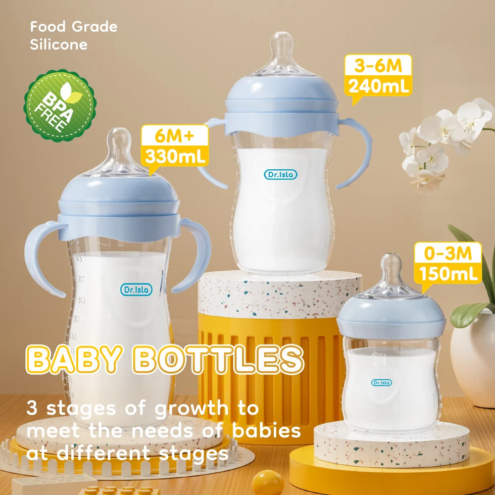 MAMIJOY 2PCS 150/240/330ML Baby Bottle With Handle Anti-bloating＆Anti-drop Clear Scale Newborn Bottle Feeding Bottles PP15/24/33