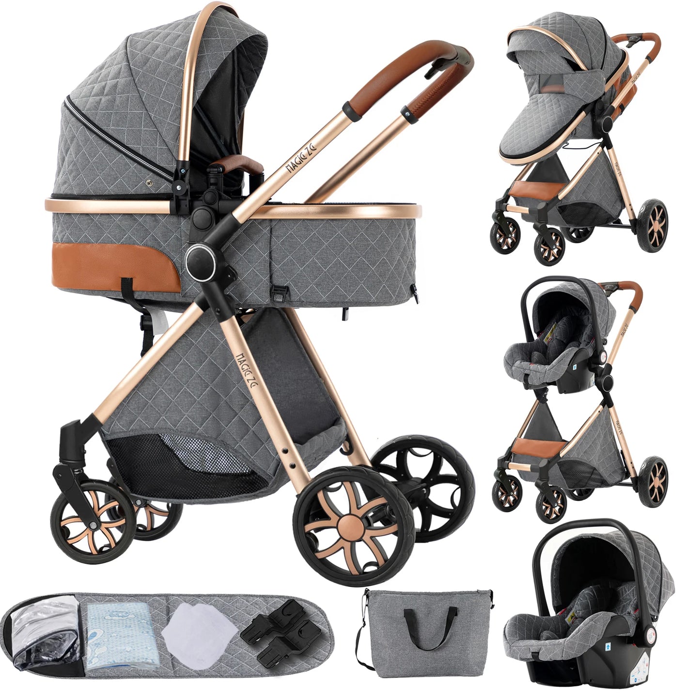 3‑in‑1 Baby Stroller Travel System Pushchair Lightweight Pram from Birth All‑Terrain Baby Compact Fold Stroller with 4 wheels