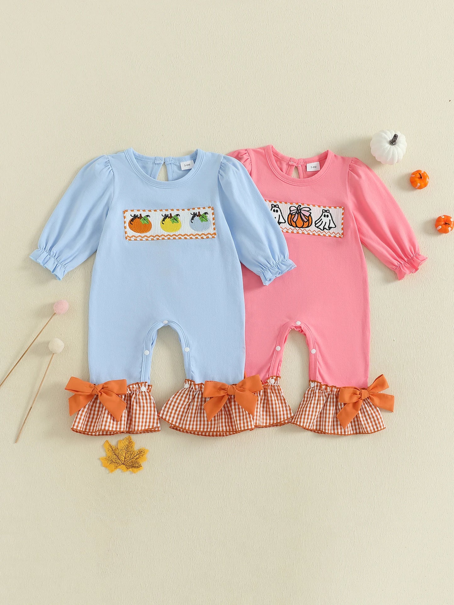 Infant Girls Halloween Romper with Spooky Ghost and Pumpkin Embroidery Long Sleeve Plaid Jumpsuit with Flare Cuffs