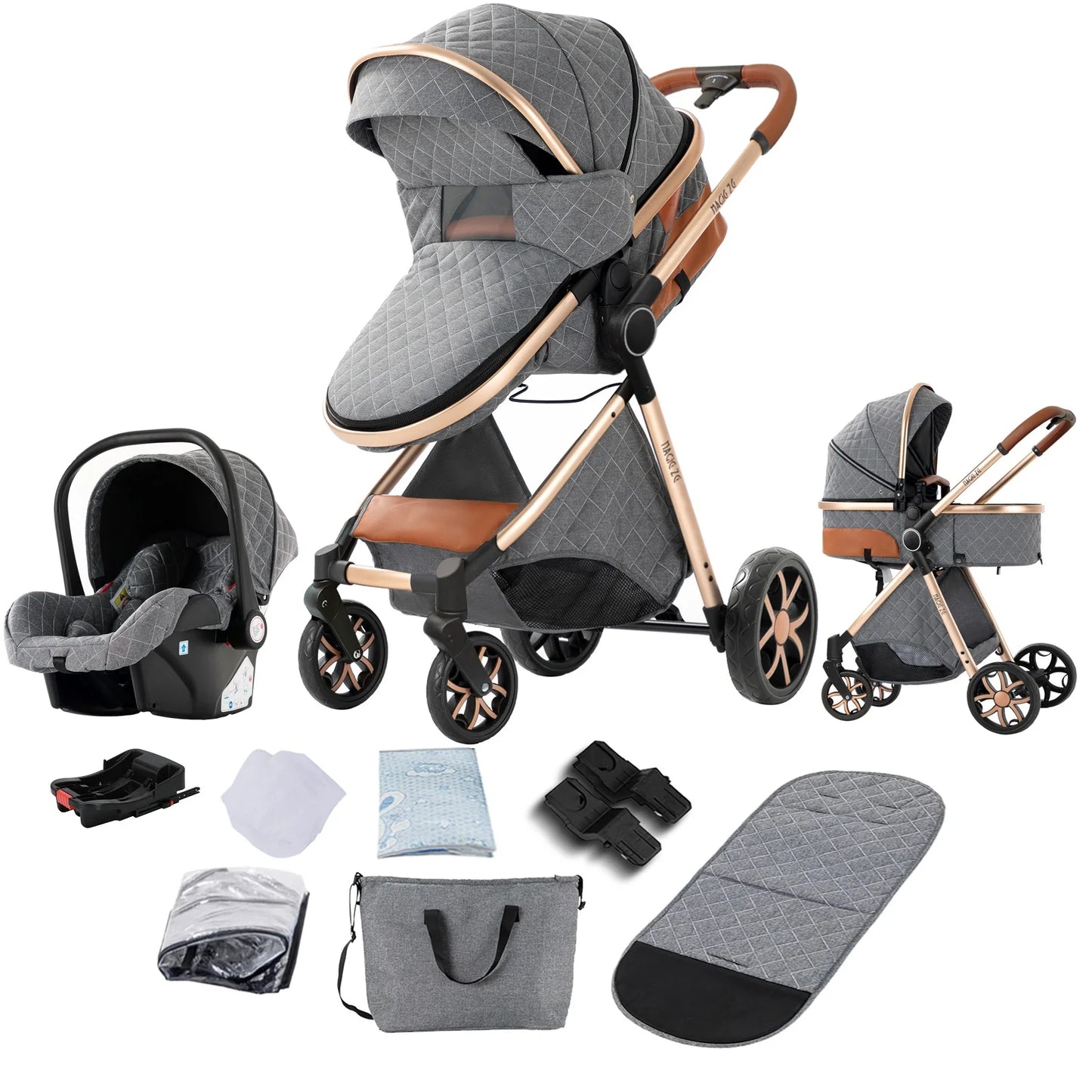 3‑in‑1 Baby Stroller Travel System Pushchair Lightweight Pram from Birth All‑Terrain Baby Compact Fold Stroller with 4 wheels