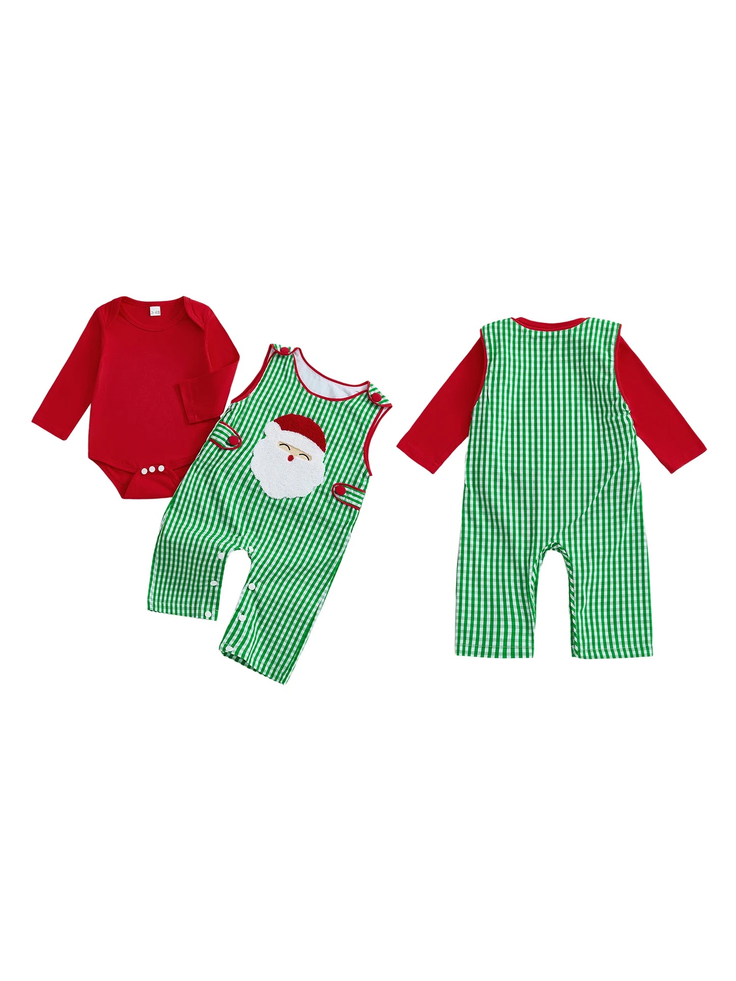 Toddler Unisex Christmas Costume Red Plaid Romper and Santa Embroidered Overalls Set for Baby Boys and Girls 2 Piece Outfit