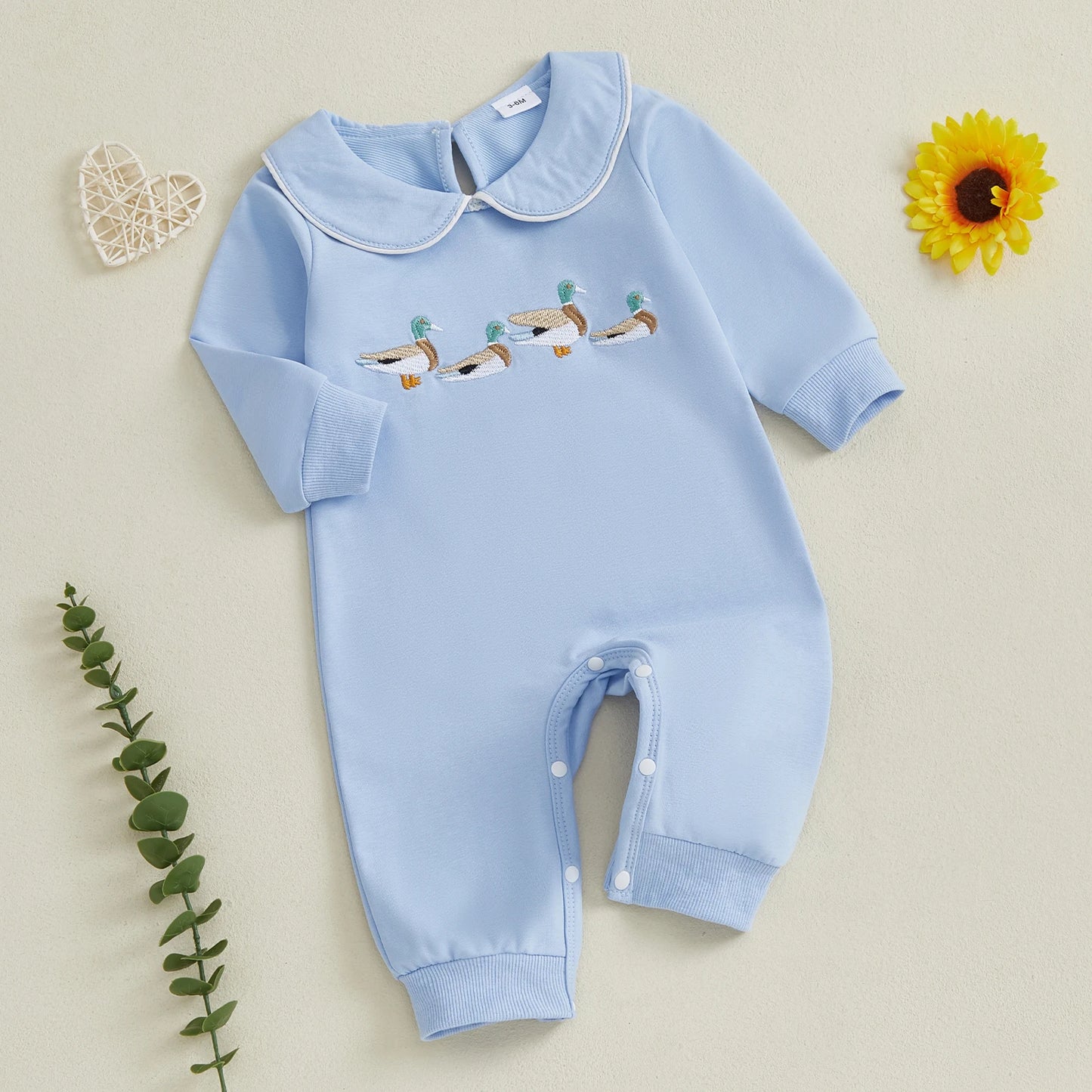 Baby Boy Girl Sweatshirt Romper Duck Embroidered Doll Collar Long Sleeve Jumpsuit Cute Farm Clothes