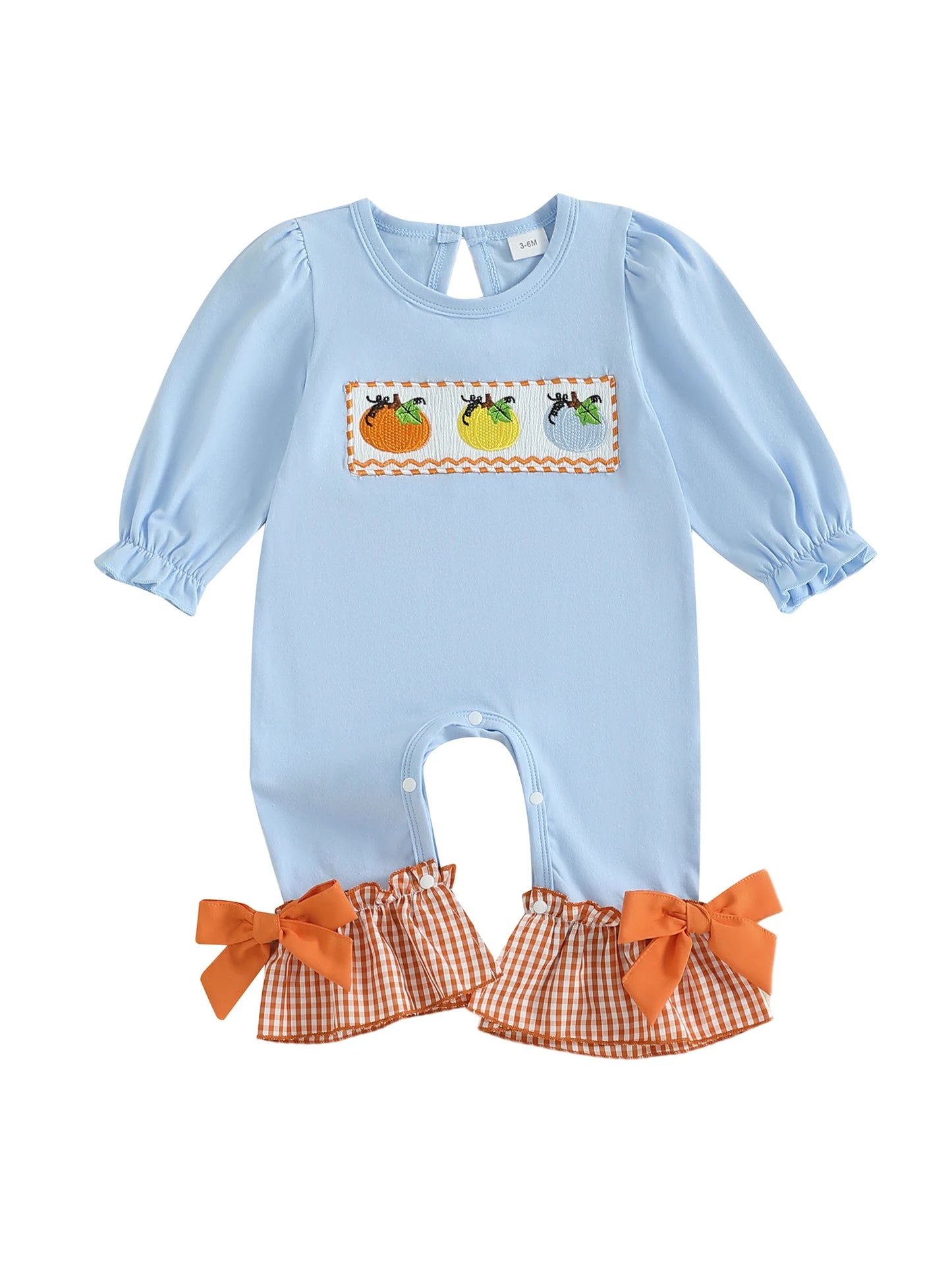 Infant Girls Halloween Romper with Spooky Ghost and Pumpkin Embroidery Long Sleeve Plaid Jumpsuit with Flare Cuffs