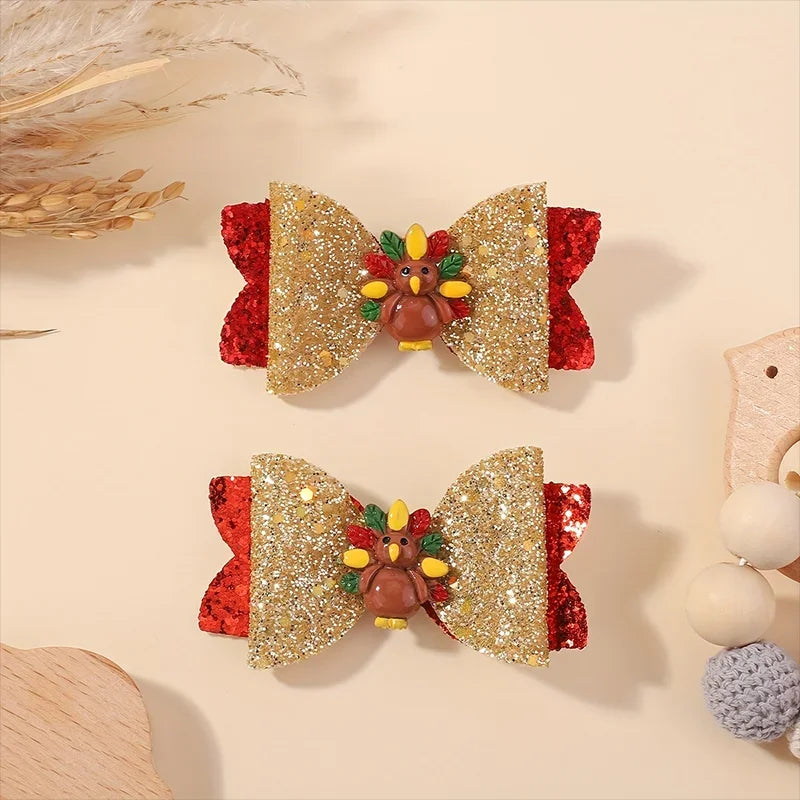 RIBBON BOWS 2Pcs Thanksgiving Day Decoration Bow Hairpin for Kids Girl Ghost Pumpkin Bat Hair Clips Party Hair Accessories Gifts