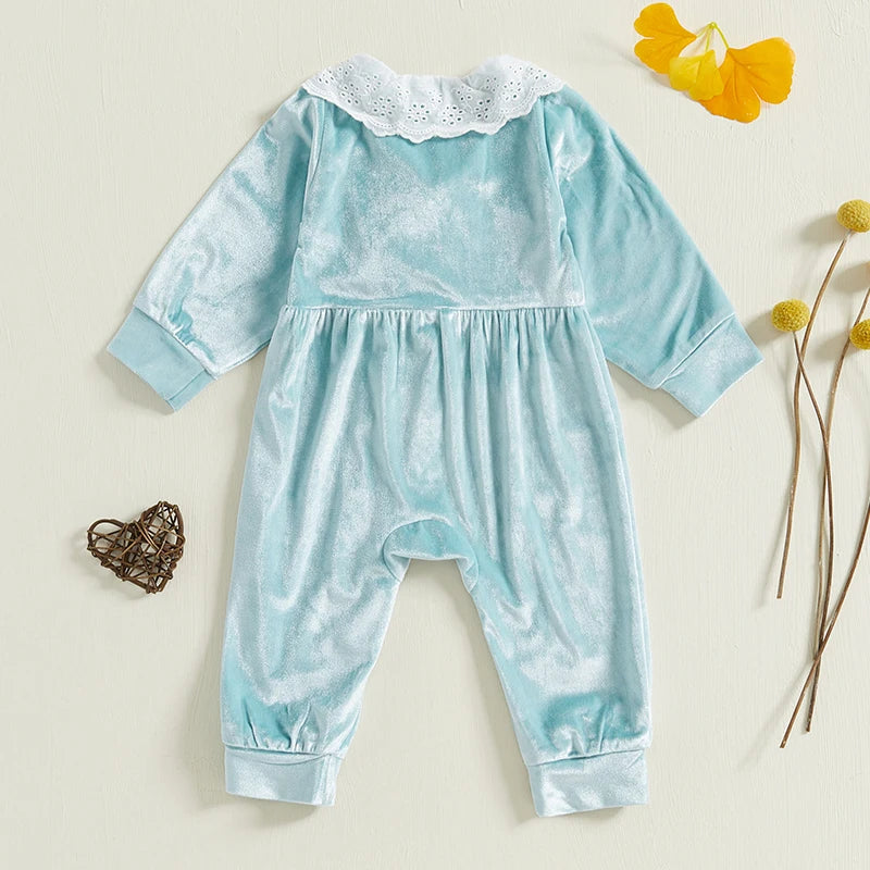 Cute Toddler Unisex Velvet Jumpsuit with Lace Detail and Doll Collar Warm Winter Romper for Baby Boy or Girl