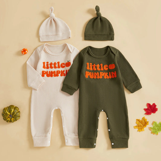 Autumn Halloween Infant Baby Boys Jumpsuit Long Sleeve Letter Pumpkin Embroidery Romper Hat Fall Clothes