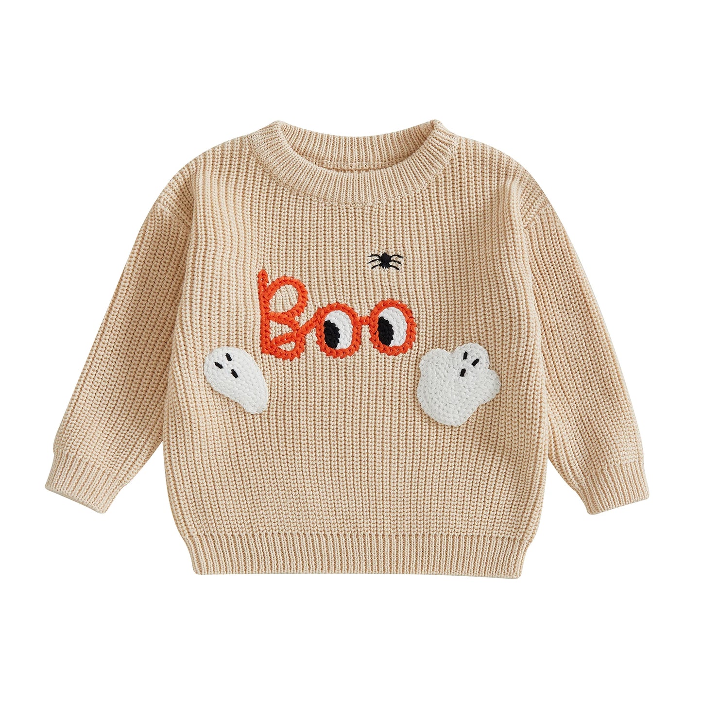 Baby Halloween Sweater Letter Ghost Embroidery Ribbed Crew Neck Long Sleeve Knitted Tops for Fall