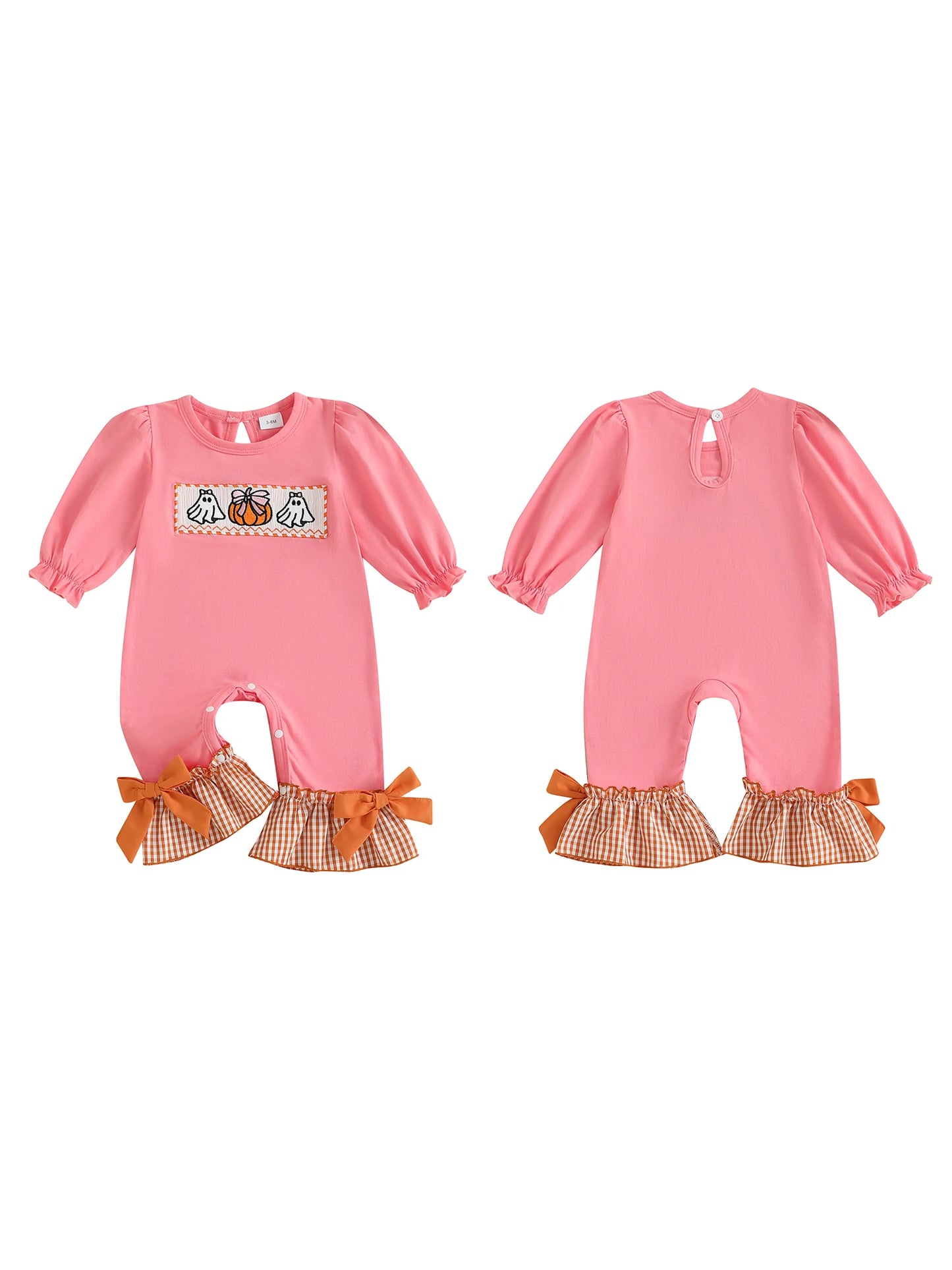 Infant Girls Halloween Romper with Spooky Ghost and Pumpkin Embroidery Long Sleeve Plaid Jumpsuit with Flare Cuffs