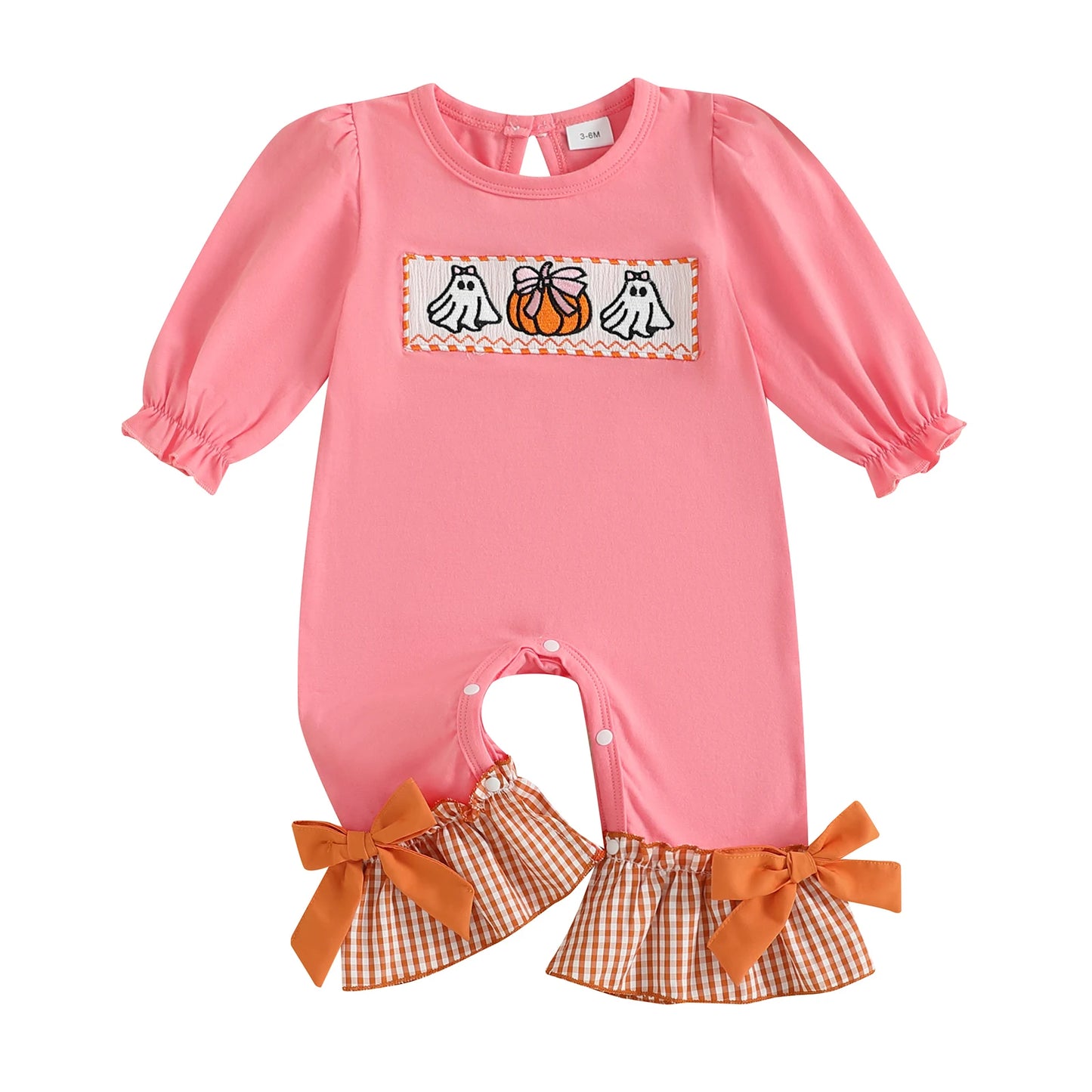 Infant Girls Halloween Romper with Spooky Ghost and Pumpkin Embroidery Long Sleeve Plaid Jumpsuit with Flare Cuffs
