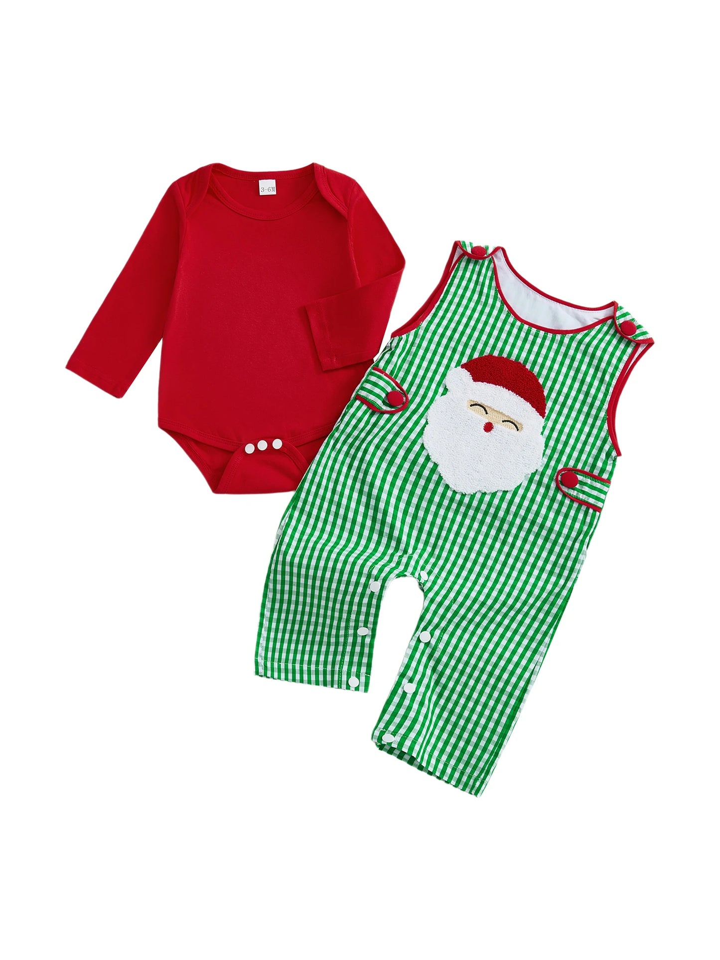 Toddler Unisex Christmas Costume Red Plaid Romper and Santa Embroidered Overalls Set for Baby Boys and Girls 2 Piece Outfit