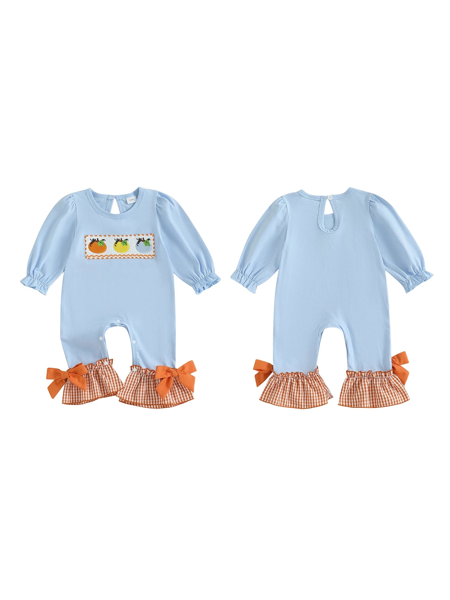Infant Girls Halloween Romper with Spooky Ghost and Pumpkin Embroidery Long Sleeve Plaid Jumpsuit with Flare Cuffs