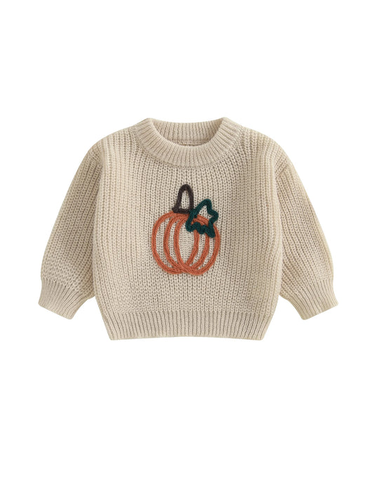 Infant Pumpkin Patch Knit Pullover Sweater with Embroidered Ghosts and Bats for Spooky Season Fun and Warmth