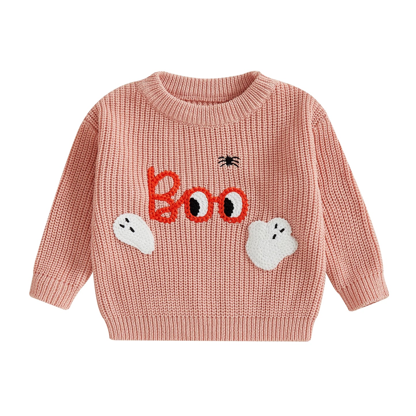Baby Halloween Sweater Letter Ghost Embroidery Ribbed Crew Neck Long Sleeve Knitted Tops for Fall