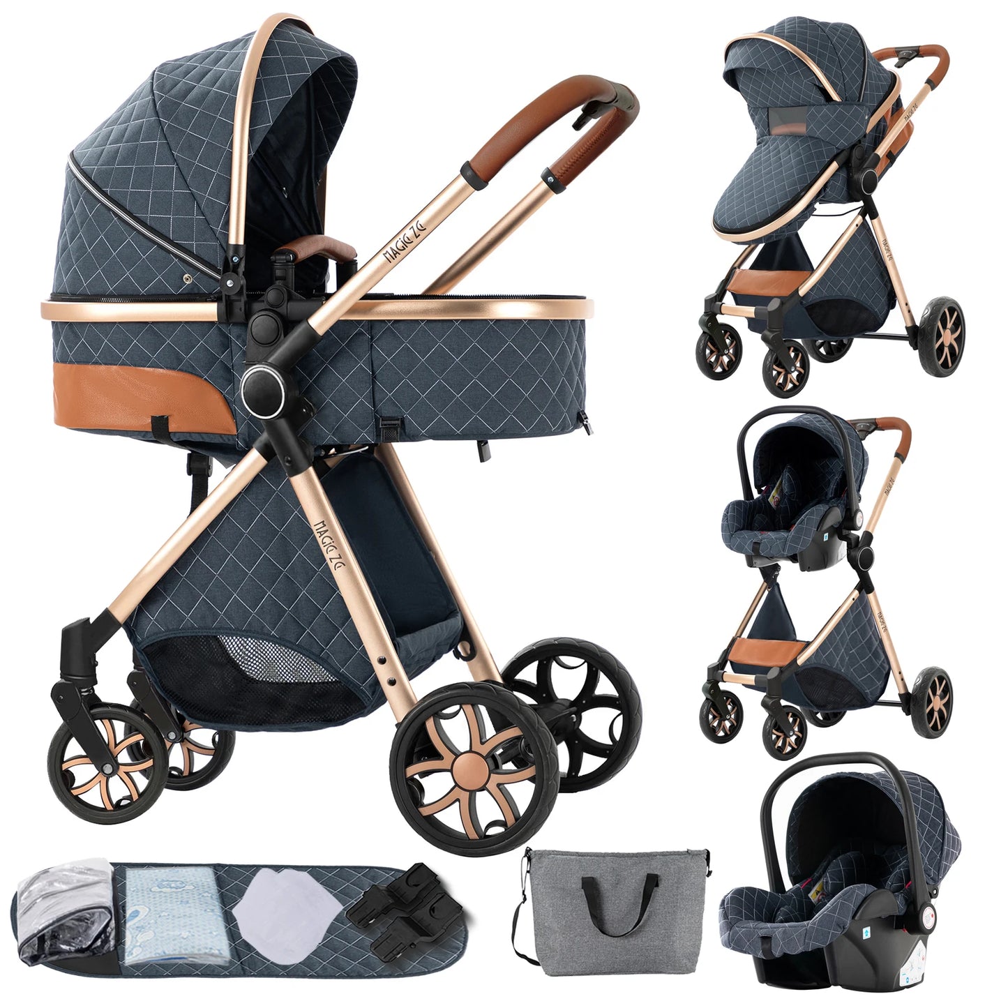 3‑in‑1 Baby Stroller Travel System Pushchair Lightweight Pram from Birth All‑Terrain Baby Compact Fold Stroller with 4 wheels
