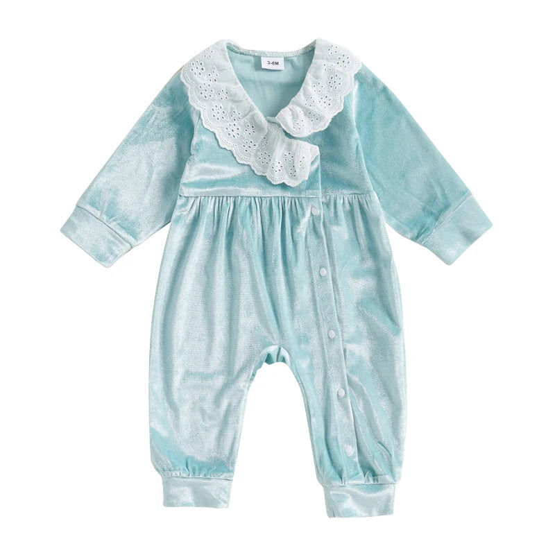 Cute Toddler Unisex Velvet Jumpsuit with Lace Detail and Doll Collar Warm Winter Romper for Baby Boy or Girl
