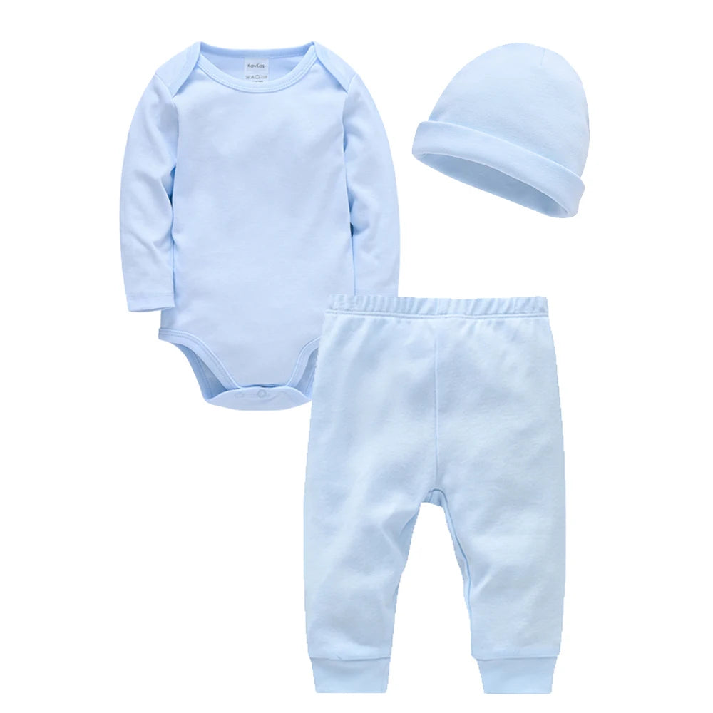 3 Pieces Set 100% Cotton Baby Rompers Pants Hat Blank Colors Kids Trousers Plain Newborn Clothing Muslin Bodysuit Clothes