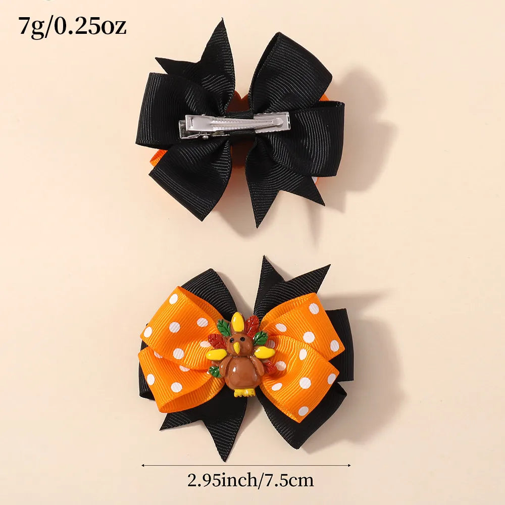 RIBBON BOWS 2Pcs Thanksgiving Day Decoration Bow Hairpin for Kids Girl Ghost Pumpkin Bat Hair Clips Party Hair Accessories Gifts