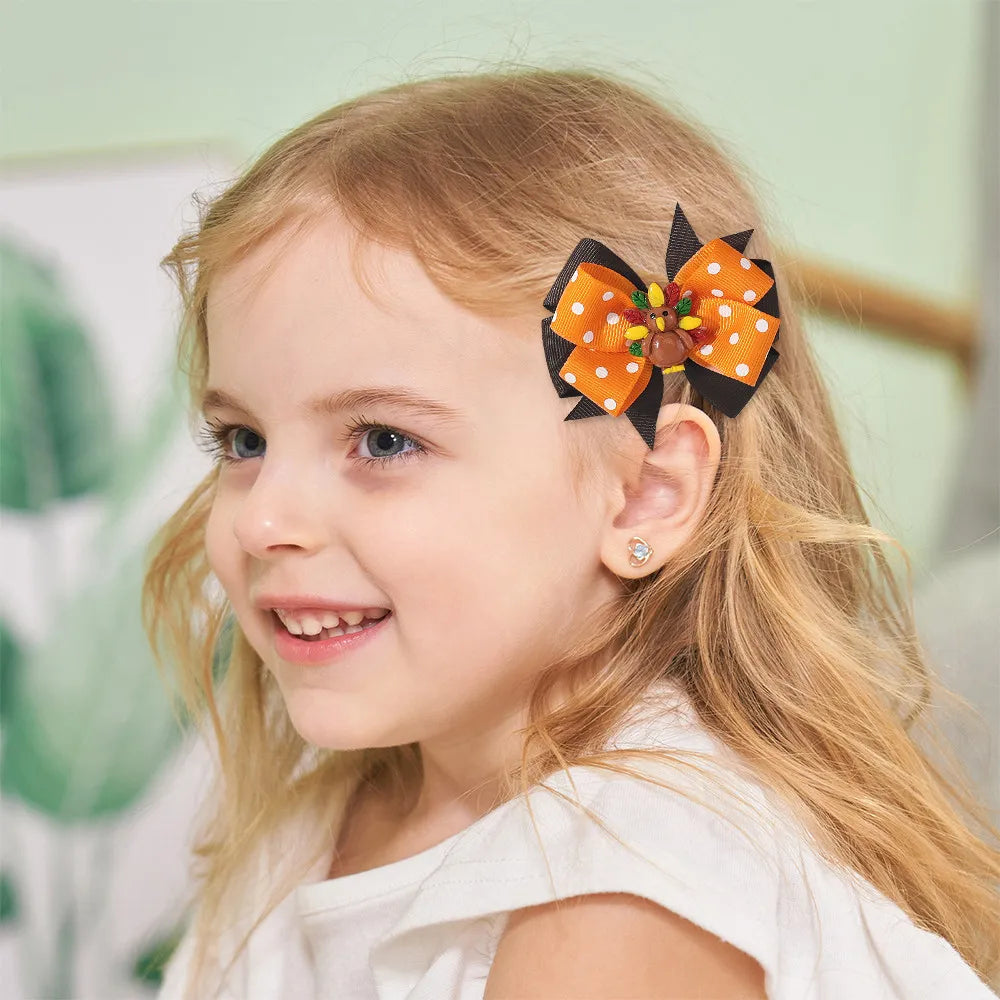 RIBBON BOWS 2Pcs Thanksgiving Day Decoration Bow Hairpin for Kids Girl Ghost Pumpkin Bat Hair Clips Party Hair Accessories Gifts