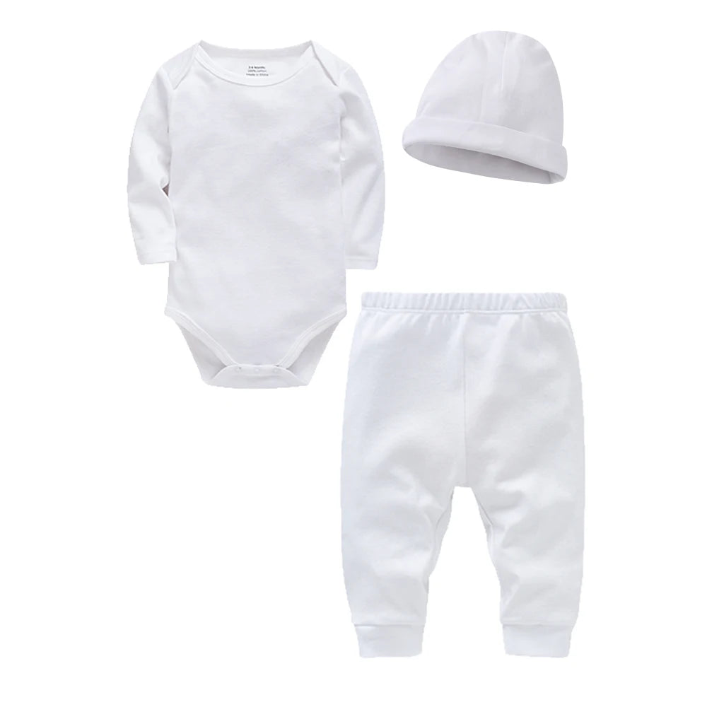 3 Pieces Set 100% Cotton Baby Rompers Pants Hat Blank Colors Kids Trousers Plain Newborn Clothing Muslin Bodysuit Clothes