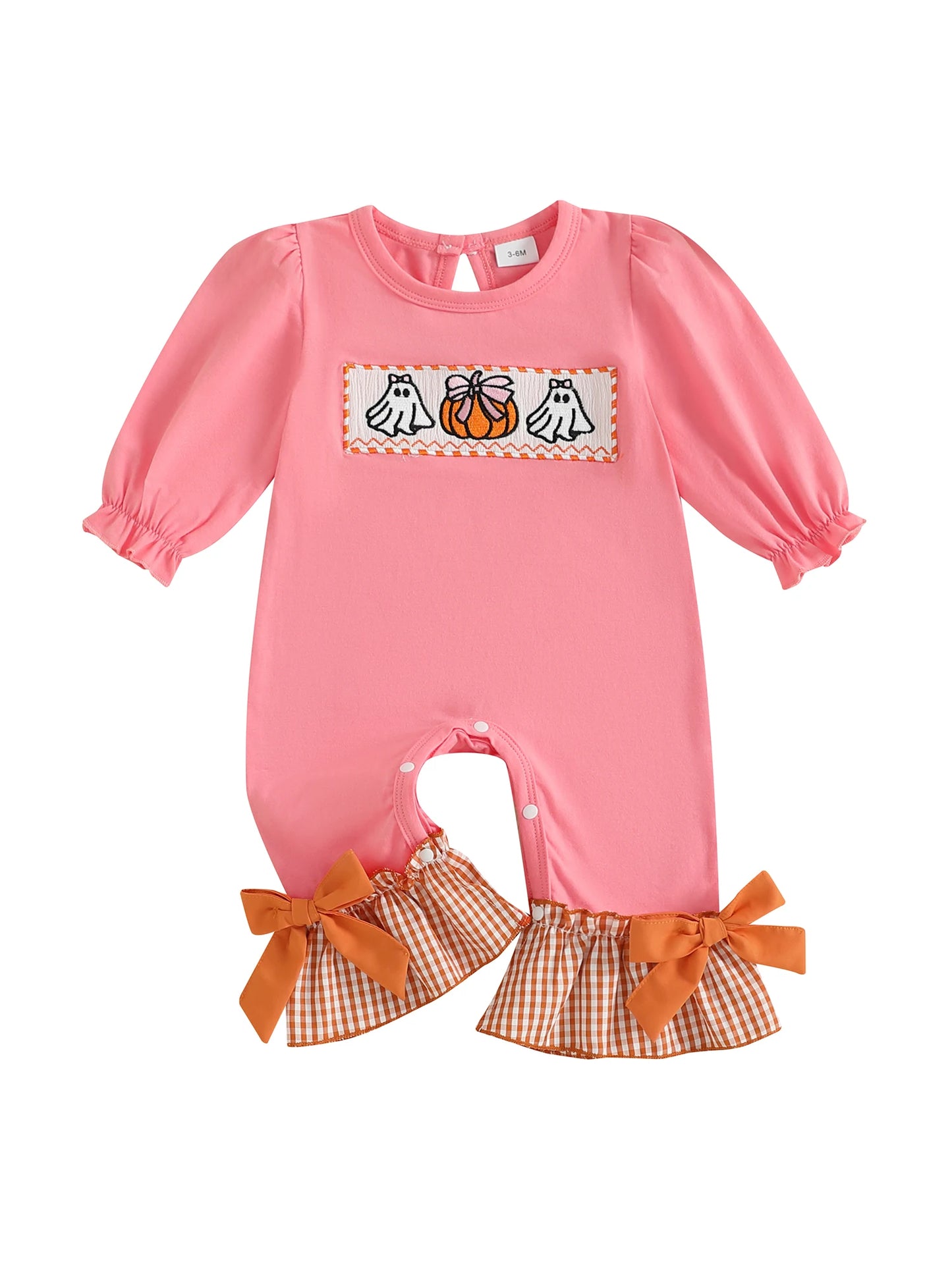 Infant Girls Halloween Romper with Spooky Ghost and Pumpkin Embroidery Long Sleeve Plaid Jumpsuit with Flare Cuffs