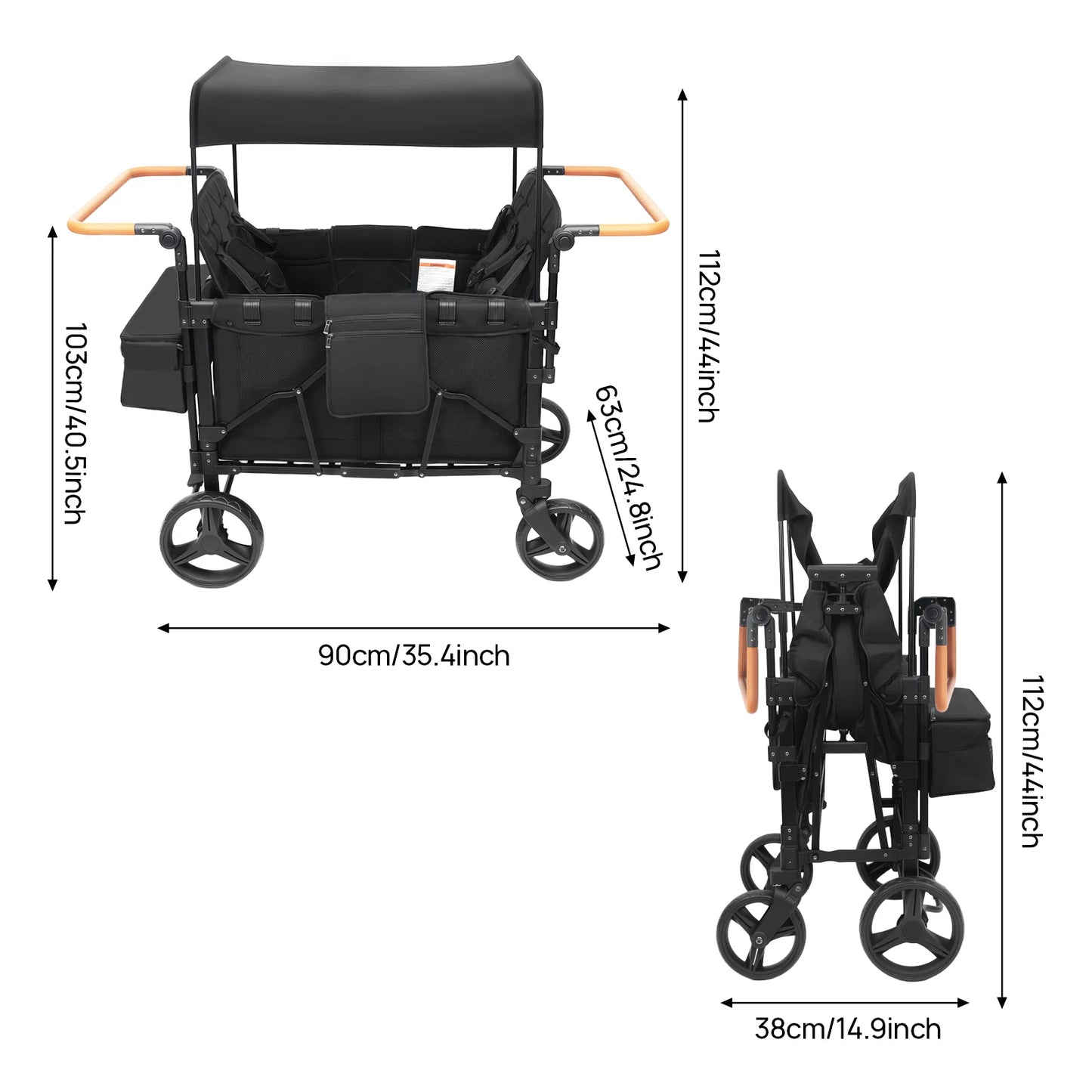 4 Seat Baby Wagon Stroller with Lockable Wheels, Extra Long Foldable Pushchair with Adjustable Handle for Beach/Park