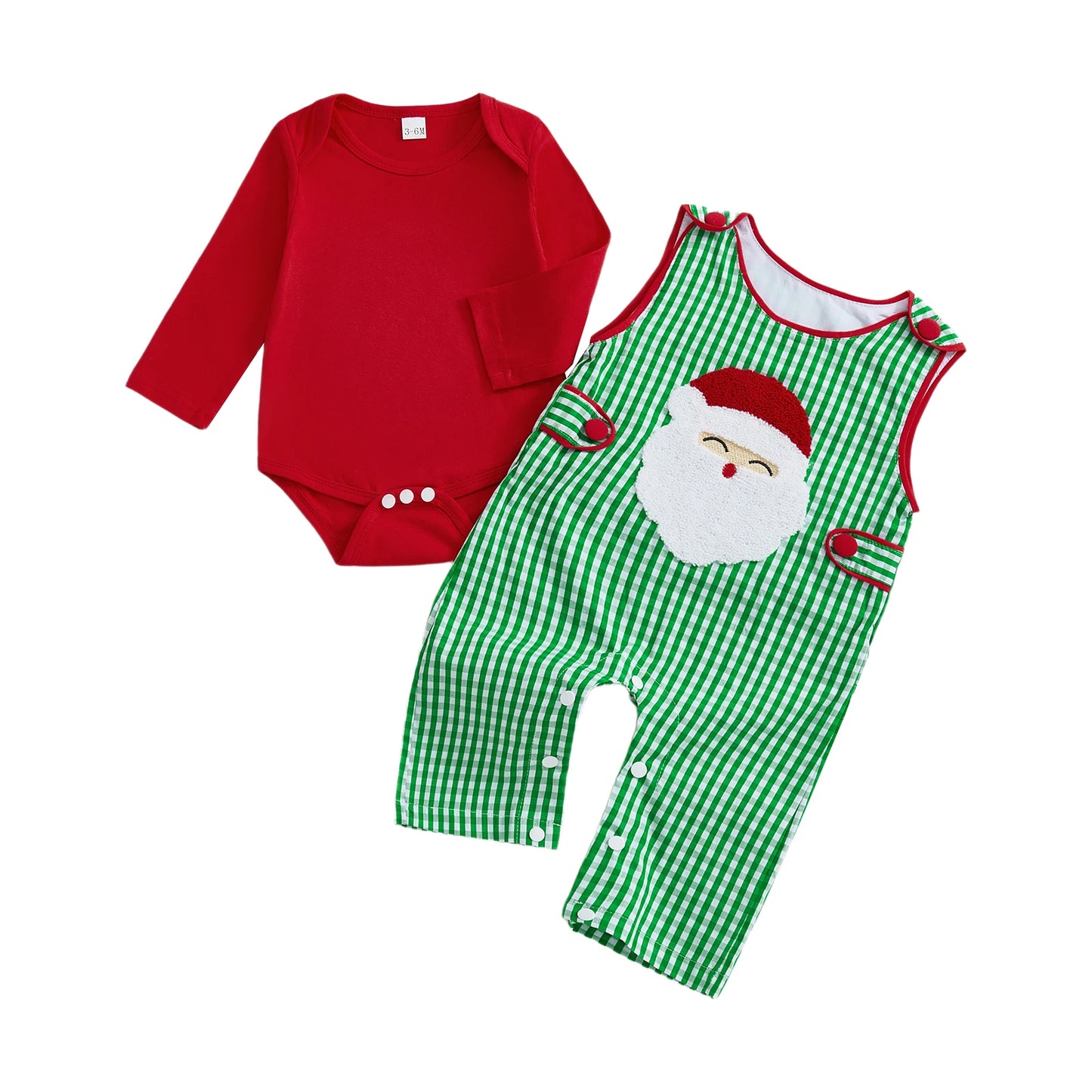 Toddler Unisex Christmas Costume Red Plaid Romper and Santa Embroidered Overalls Set for Baby Boys and Girls 2 Piece Outfit