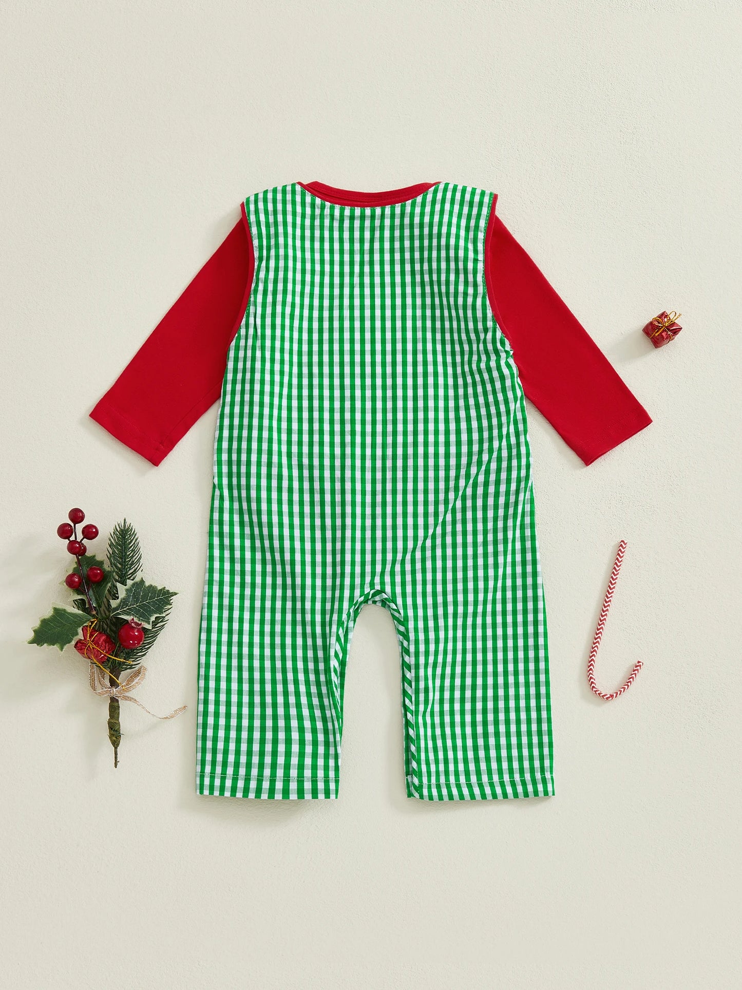 Toddler Unisex Christmas Costume Red Plaid Romper and Santa Embroidered Overalls Set for Baby Boys and Girls 2 Piece Outfit
