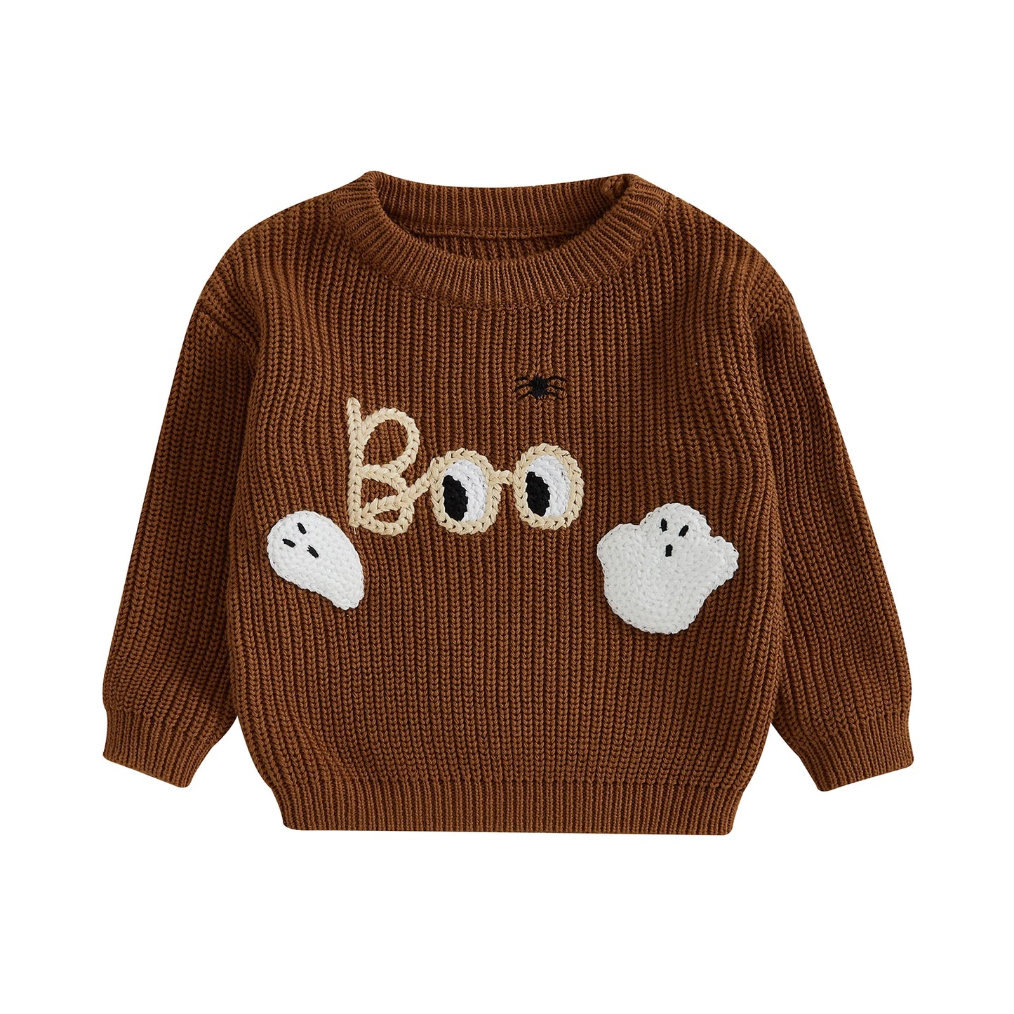 Baby Halloween Sweater Letter Ghost Embroidery Ribbed Crew Neck Long Sleeve Knitted Tops for Fall