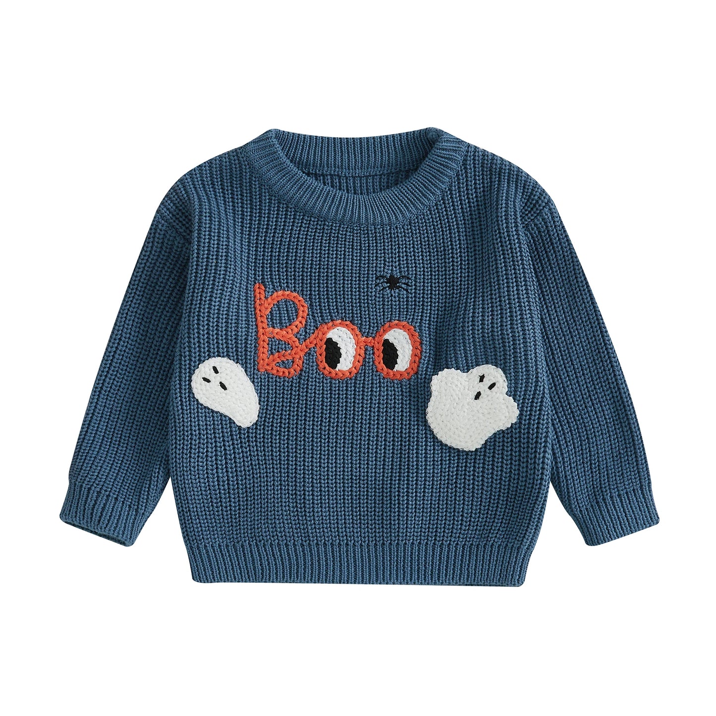 Baby Halloween Sweater Letter Ghost Embroidery Ribbed Crew Neck Long Sleeve Knitted Tops for Fall