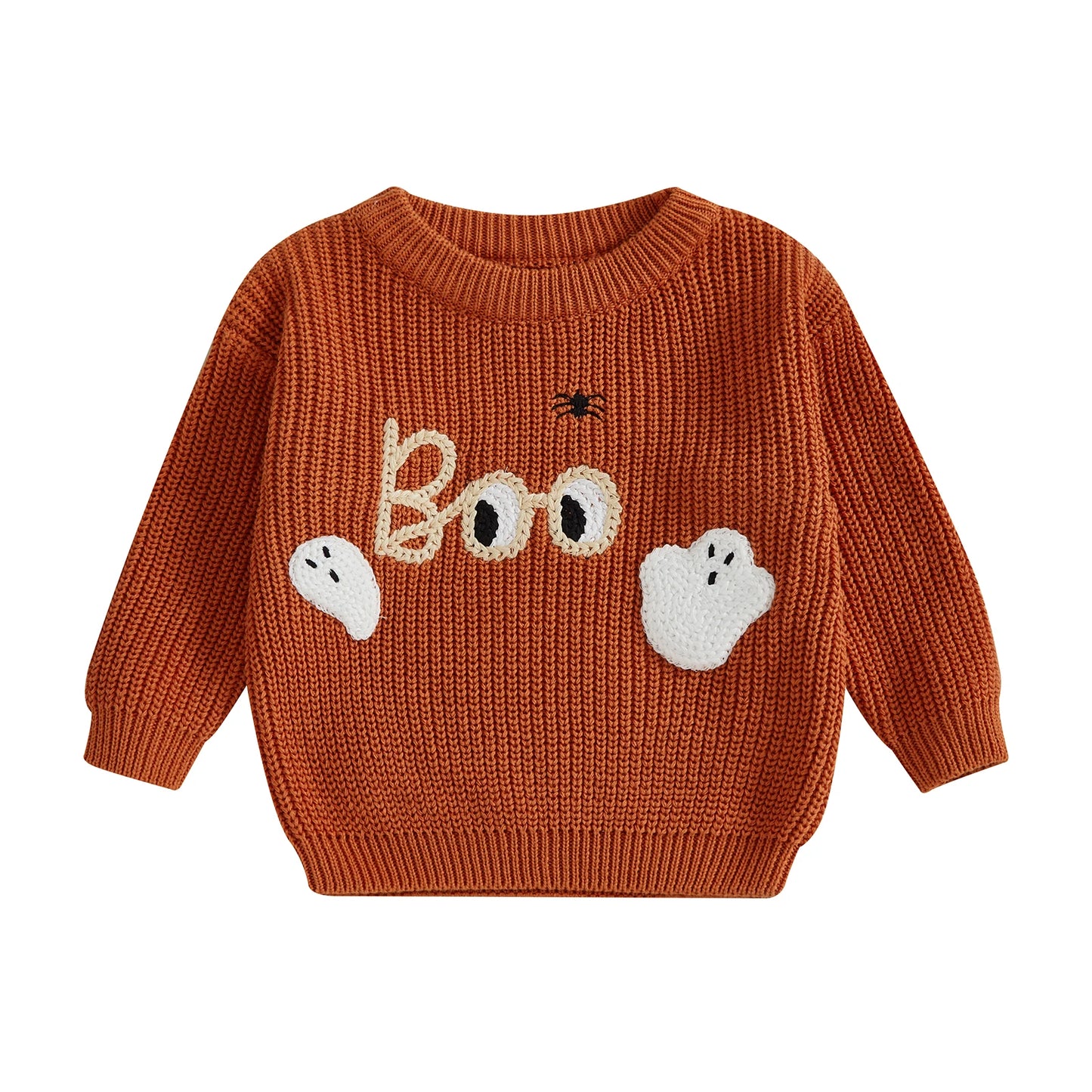 Baby Halloween Sweater Letter Ghost Embroidery Ribbed Crew Neck Long Sleeve Knitted Tops for Fall