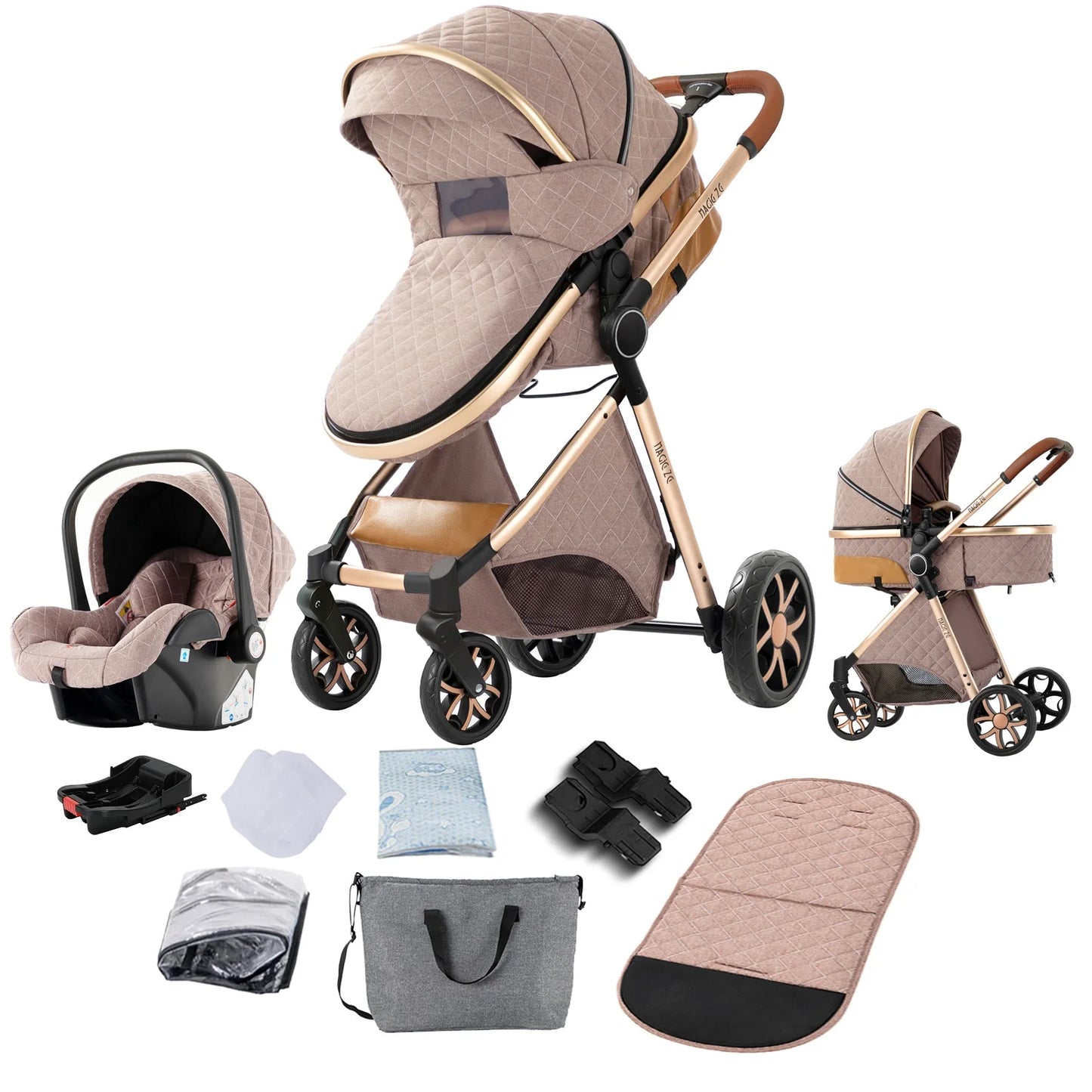 3‑in‑1 Baby Stroller Travel System Pushchair Lightweight Pram from Birth All‑Terrain Baby Compact Fold Stroller with 4 wheels