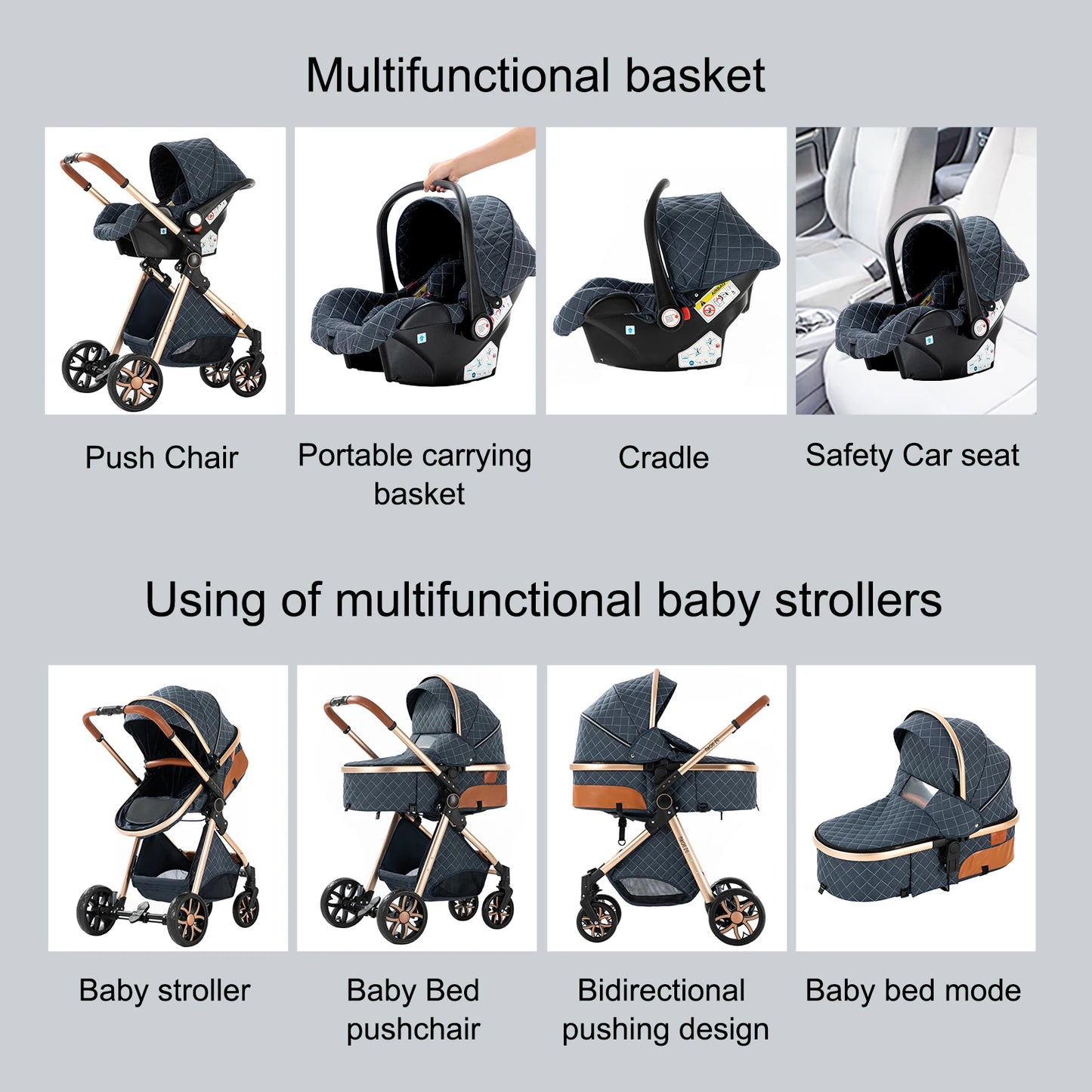 3‑in‑1 Baby Stroller Travel System Pushchair Lightweight Pram from Birth All‑Terrain Baby Compact Fold Stroller with 4 wheels