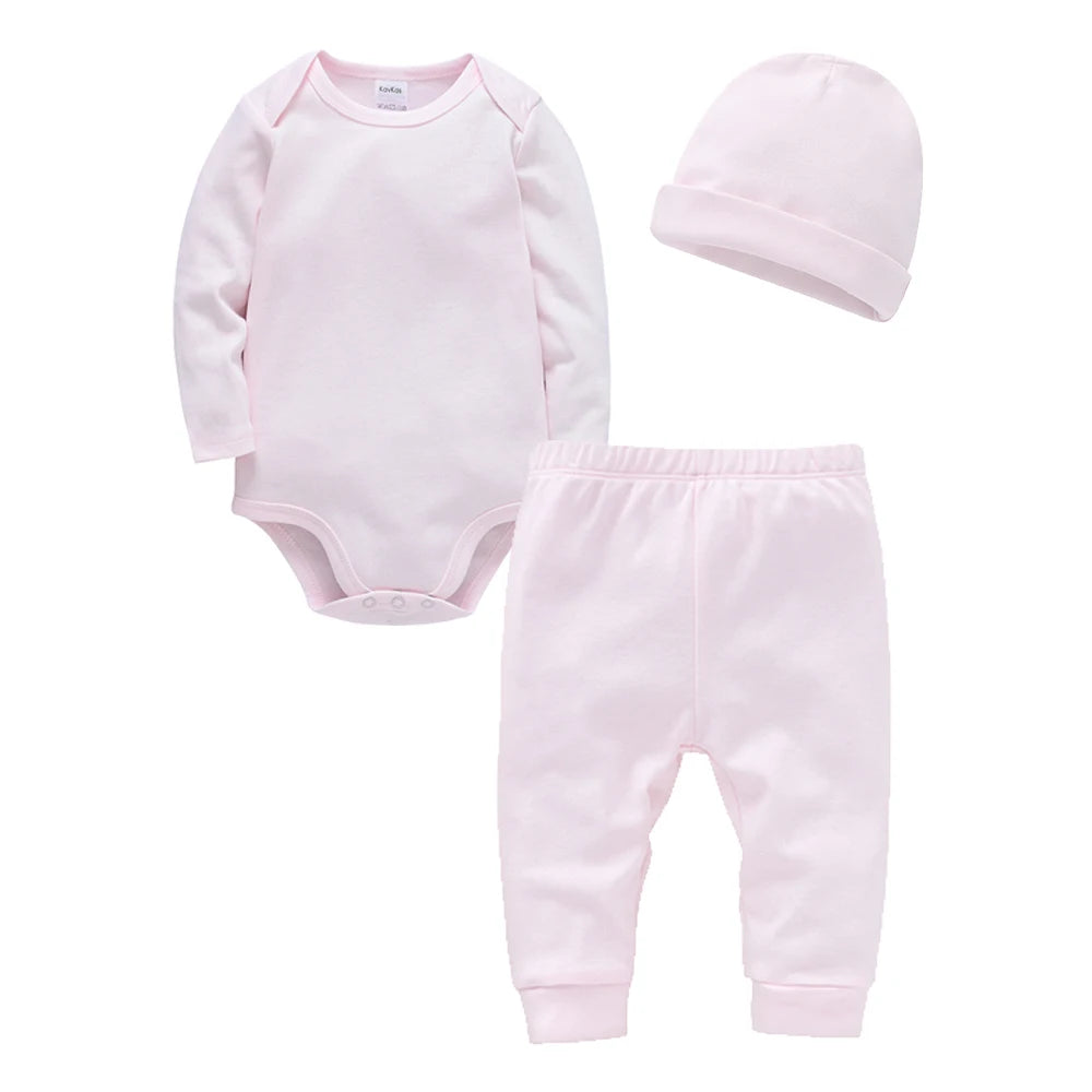 3 Pieces Set 100% Cotton Baby Rompers Pants Hat Blank Colors Kids Trousers Plain Newborn Clothing Muslin Bodysuit Clothes